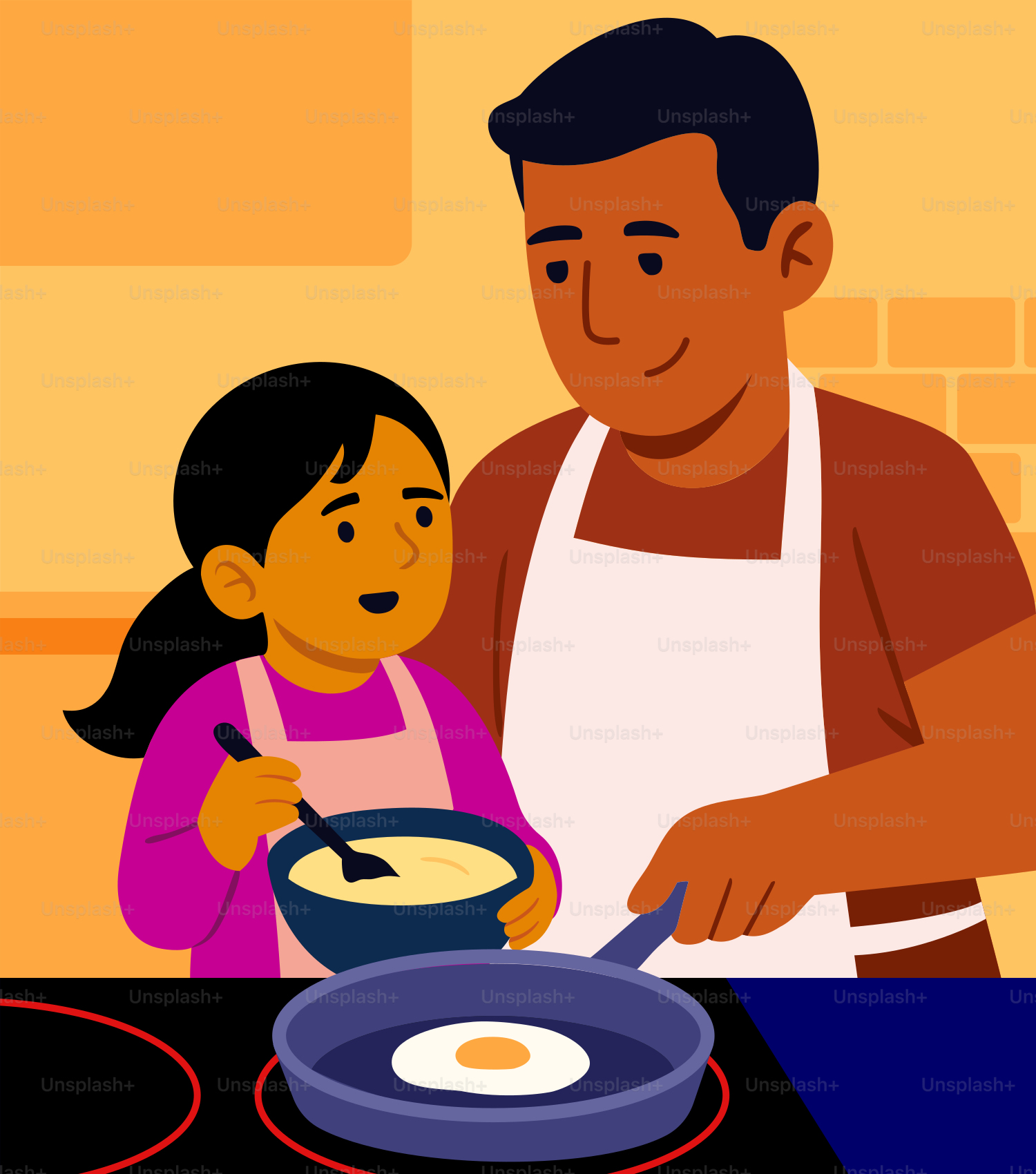 Father and daughter cooking breakfast together happily.