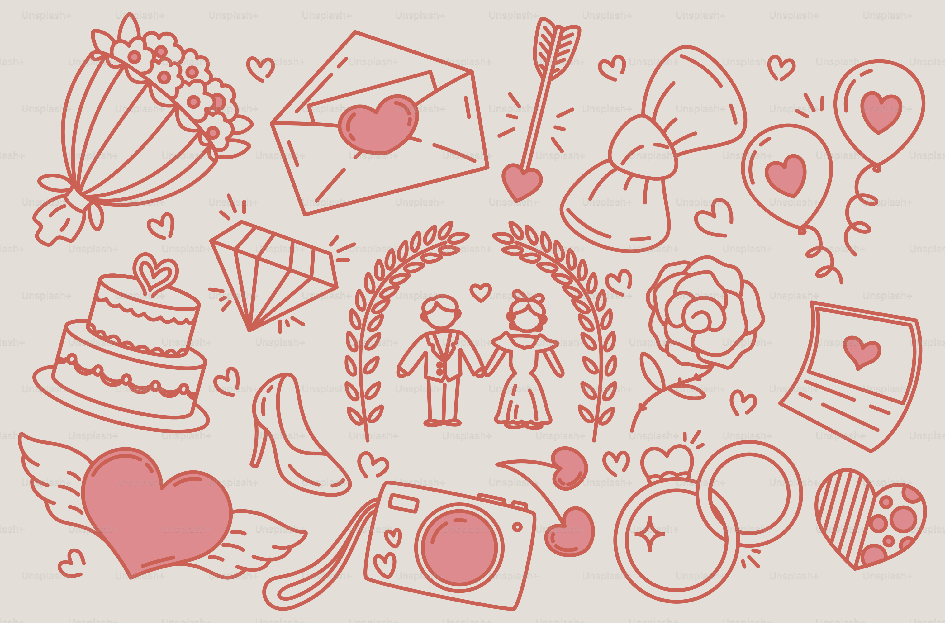 Ilustrações de rabiscos temáticos de casamento preenchem a imagem.