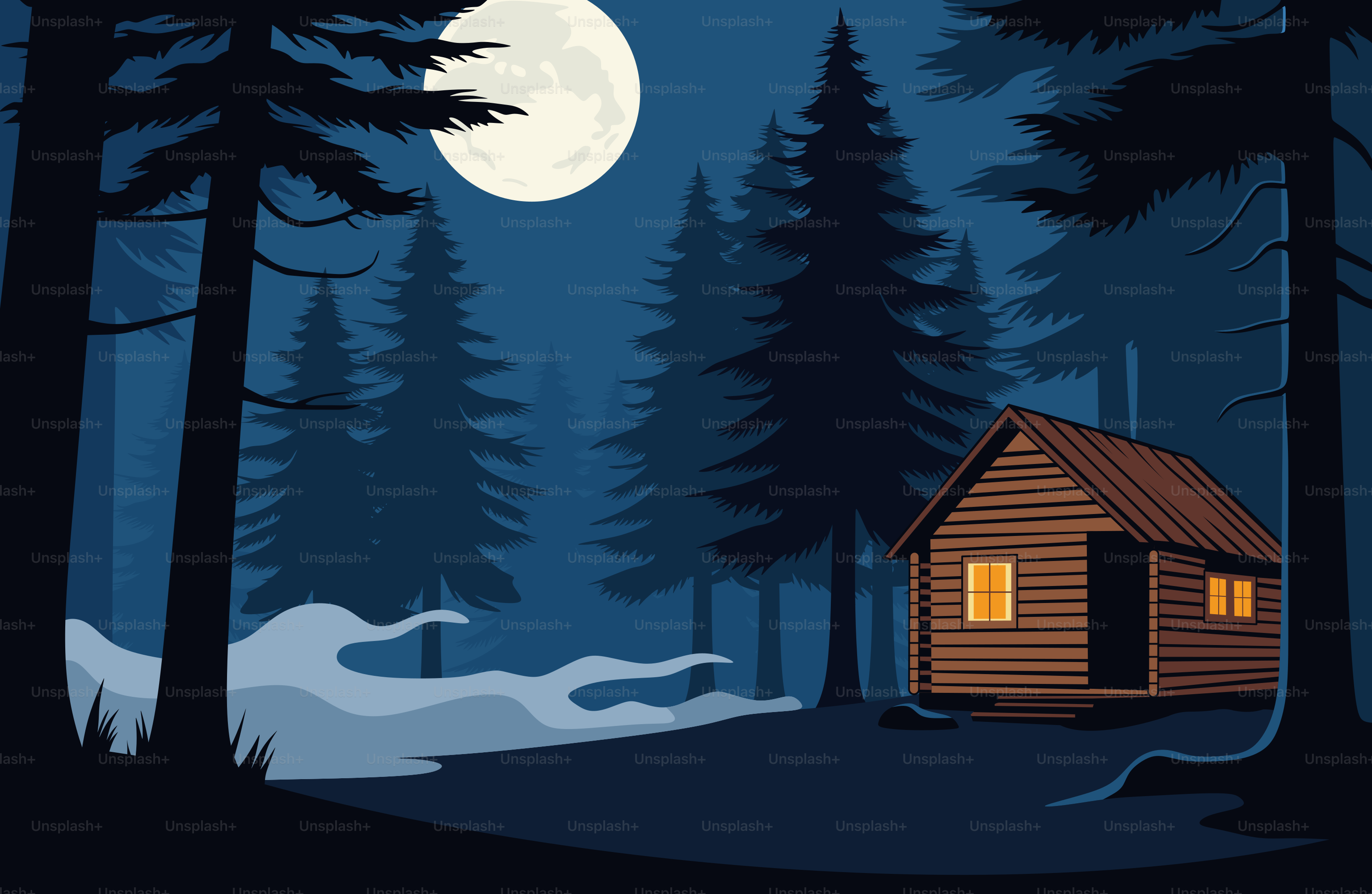 A cabin glows under the moonlight in the woods.