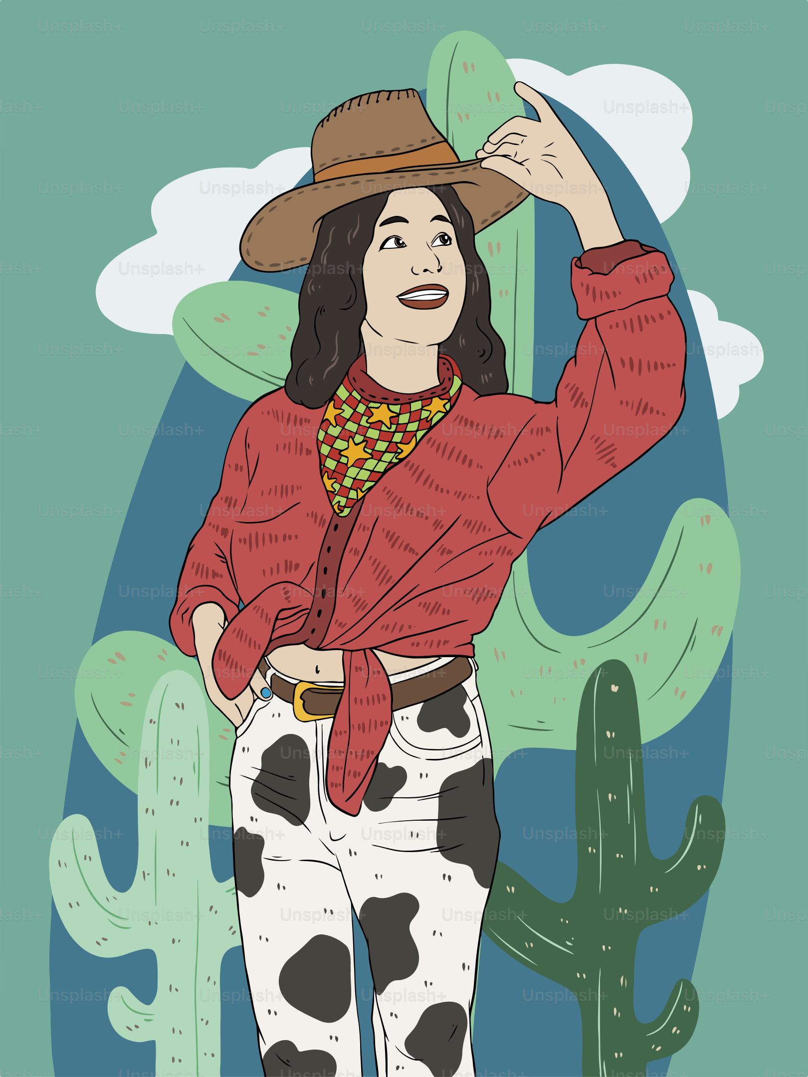 Une cowgirl sourit, portant un chapeau et le tenant.