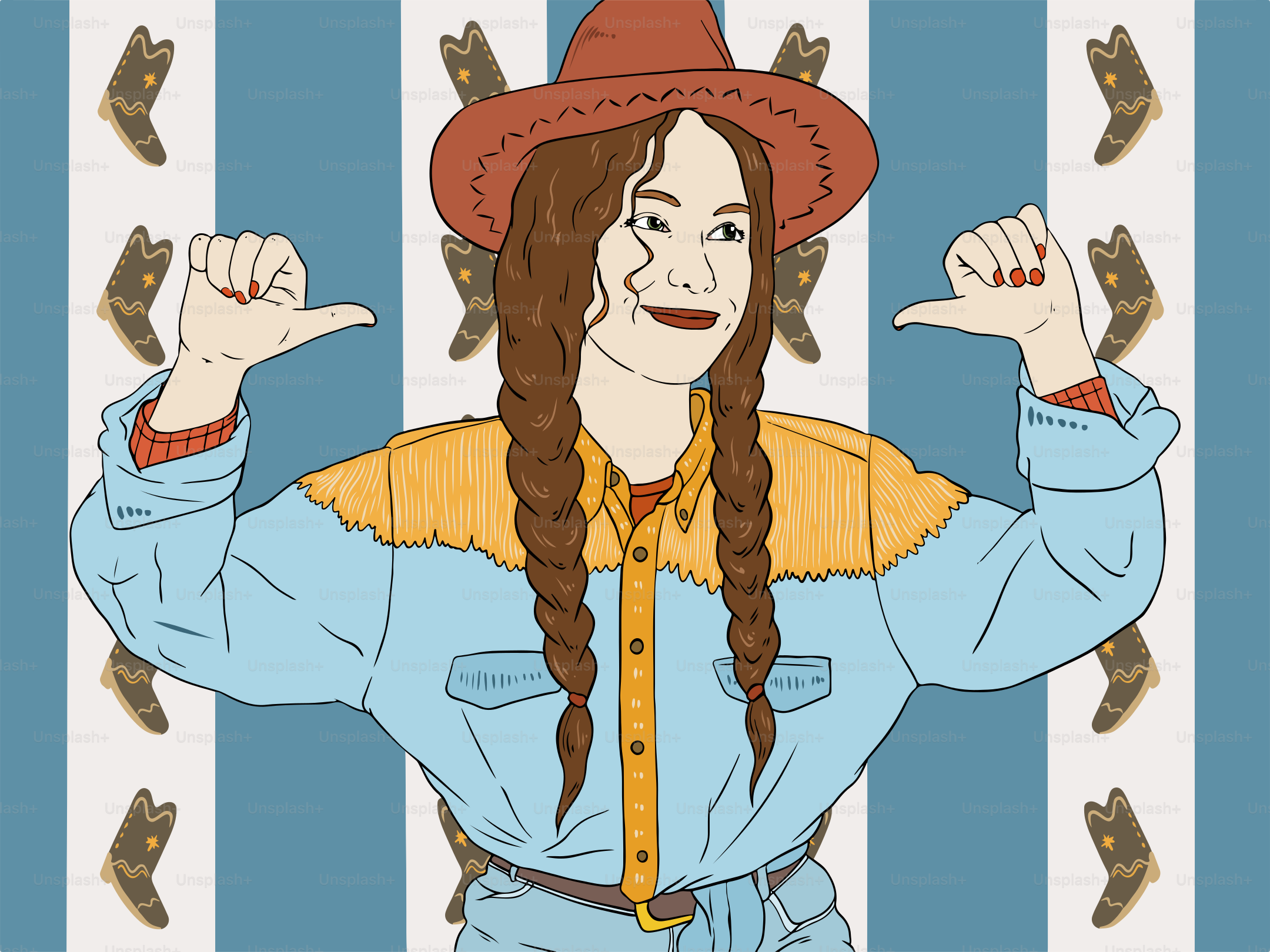 Eine Cowgirl zeigt stolz auf sich selbst.