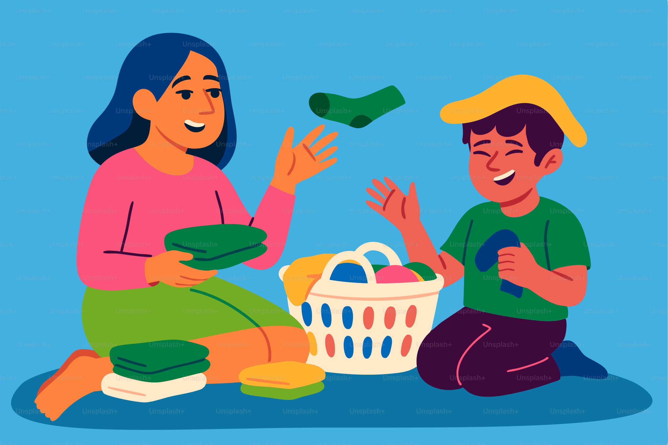 Mom and son are doing laundry together.