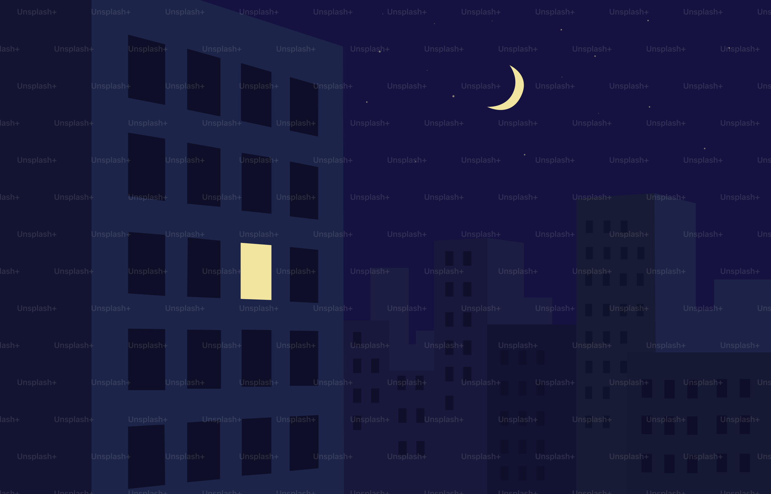 A lit window shines in a dark city night.