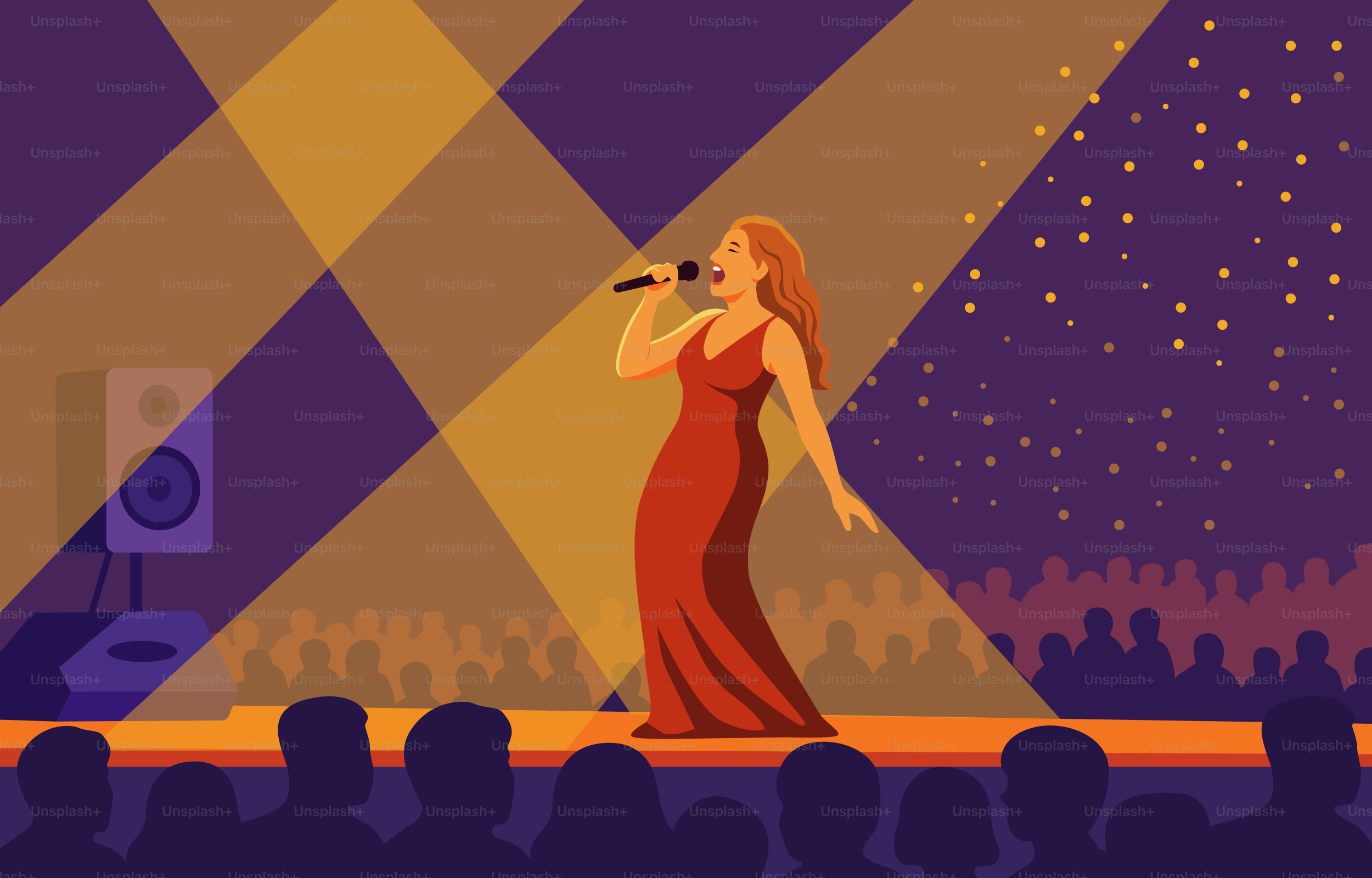 Una donna canta sul palco, circondata da fan.
