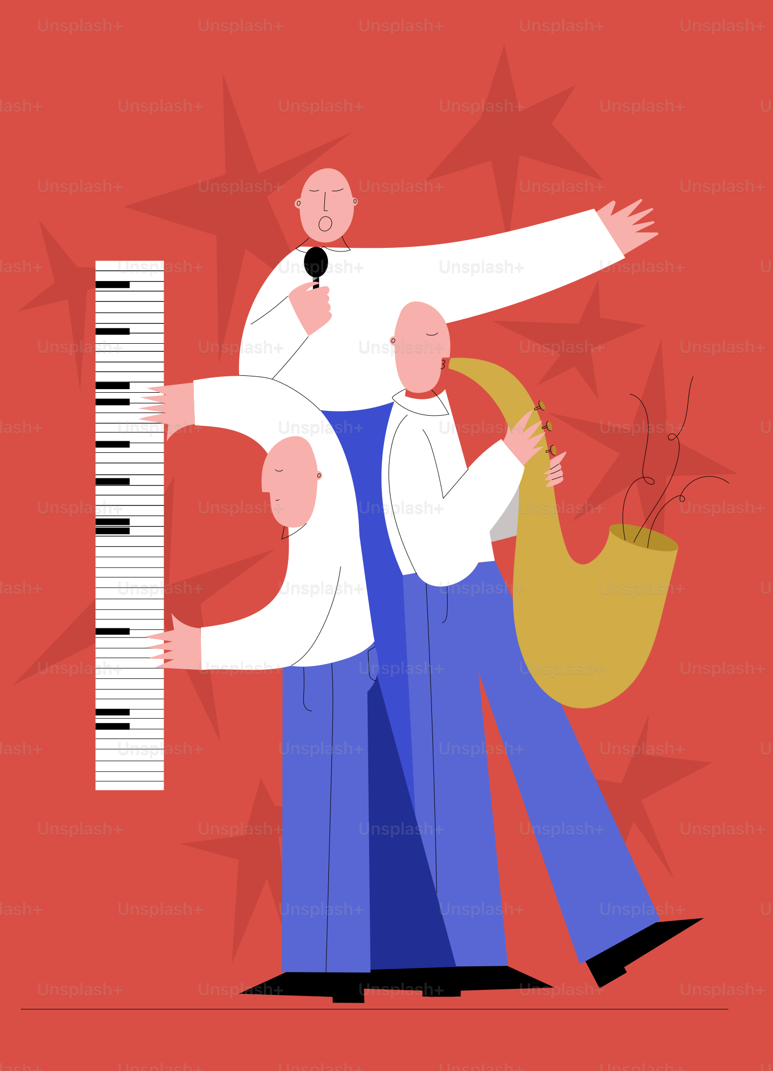 Los músicos de jazz actúan juntos en un colorido conjunto.