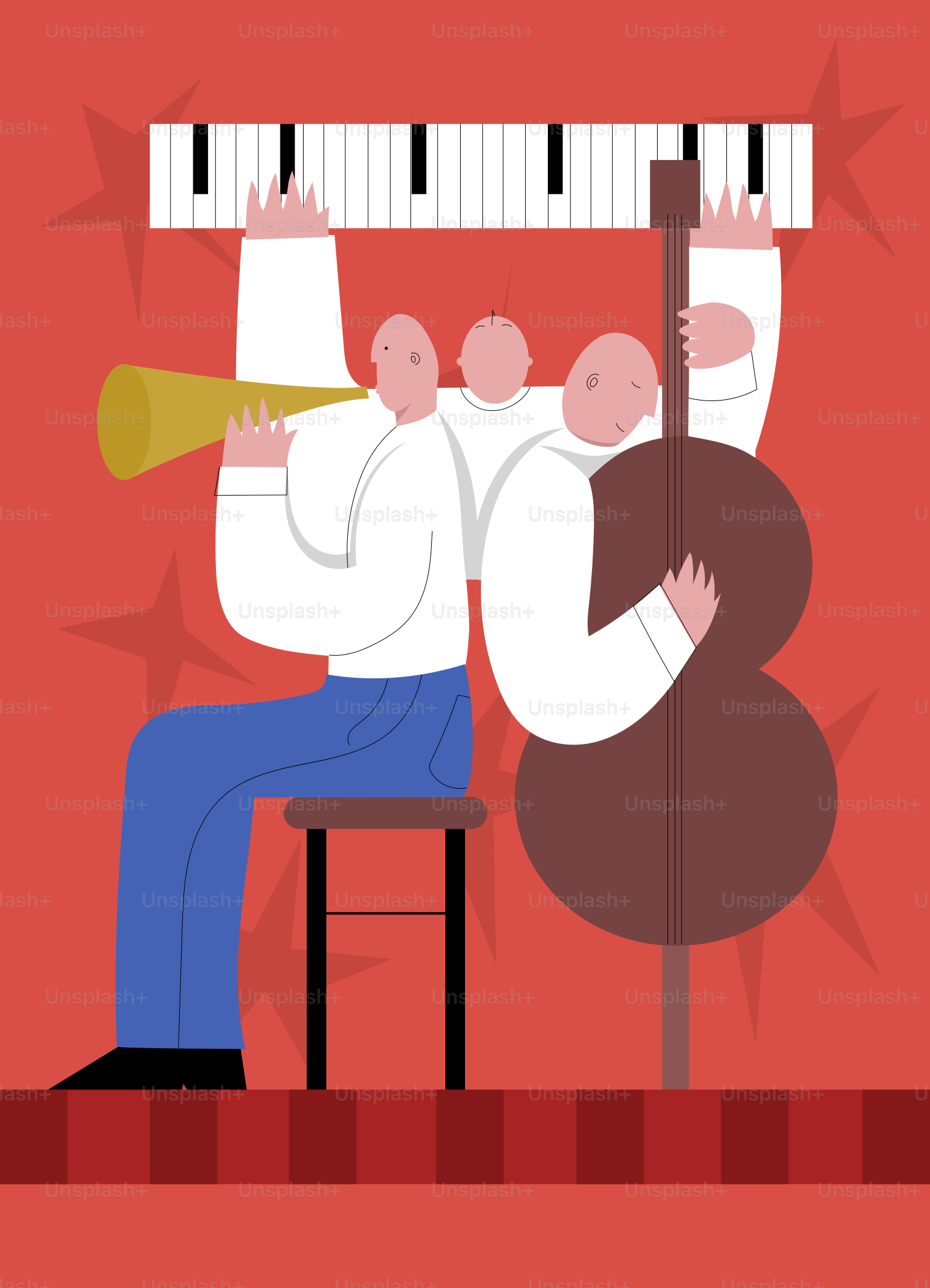 Eine Jazzband tritt in einem farbenfrohen, abstrakten Stil auf