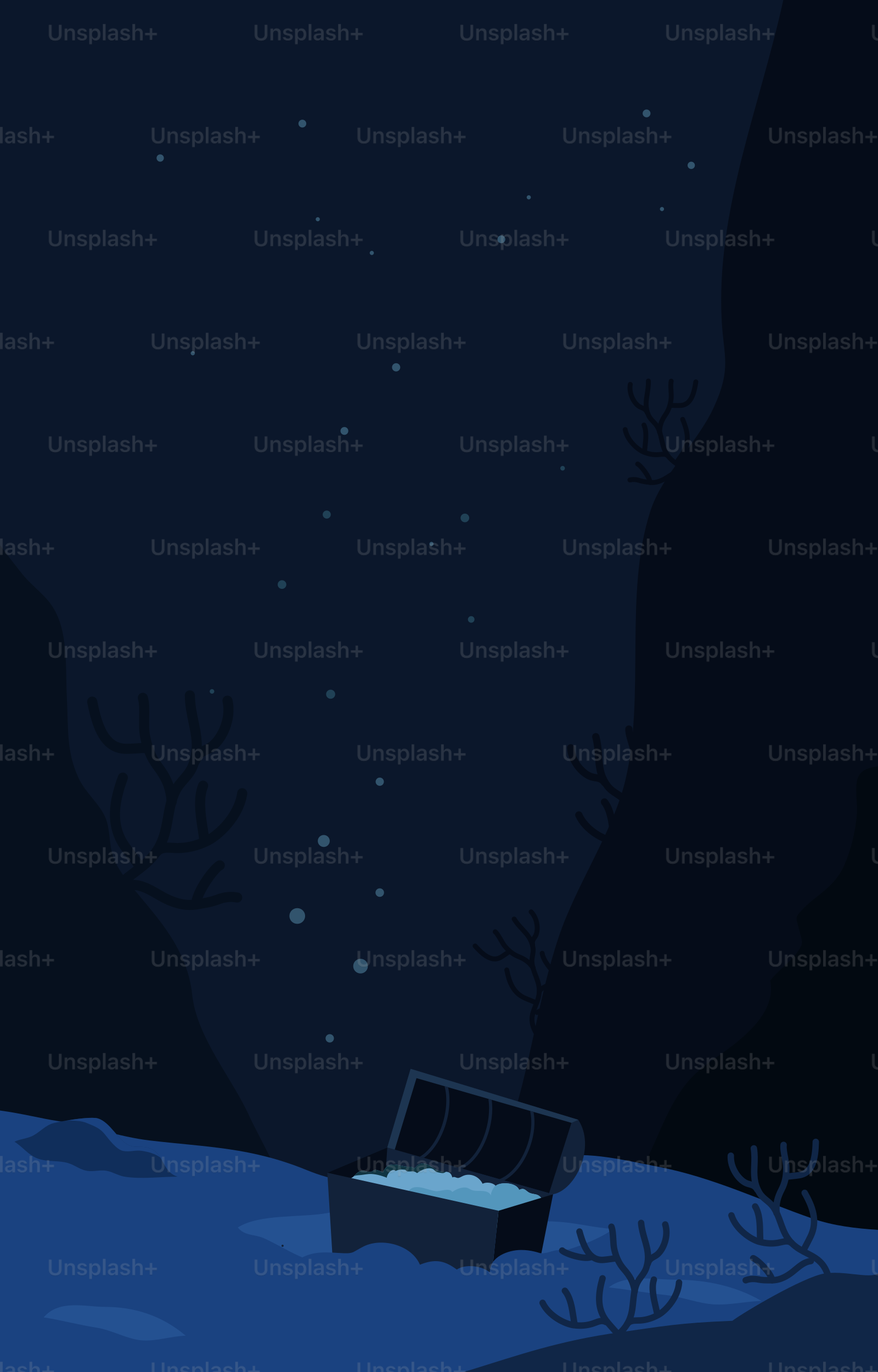 A treasure chest sits underwater in the dark.