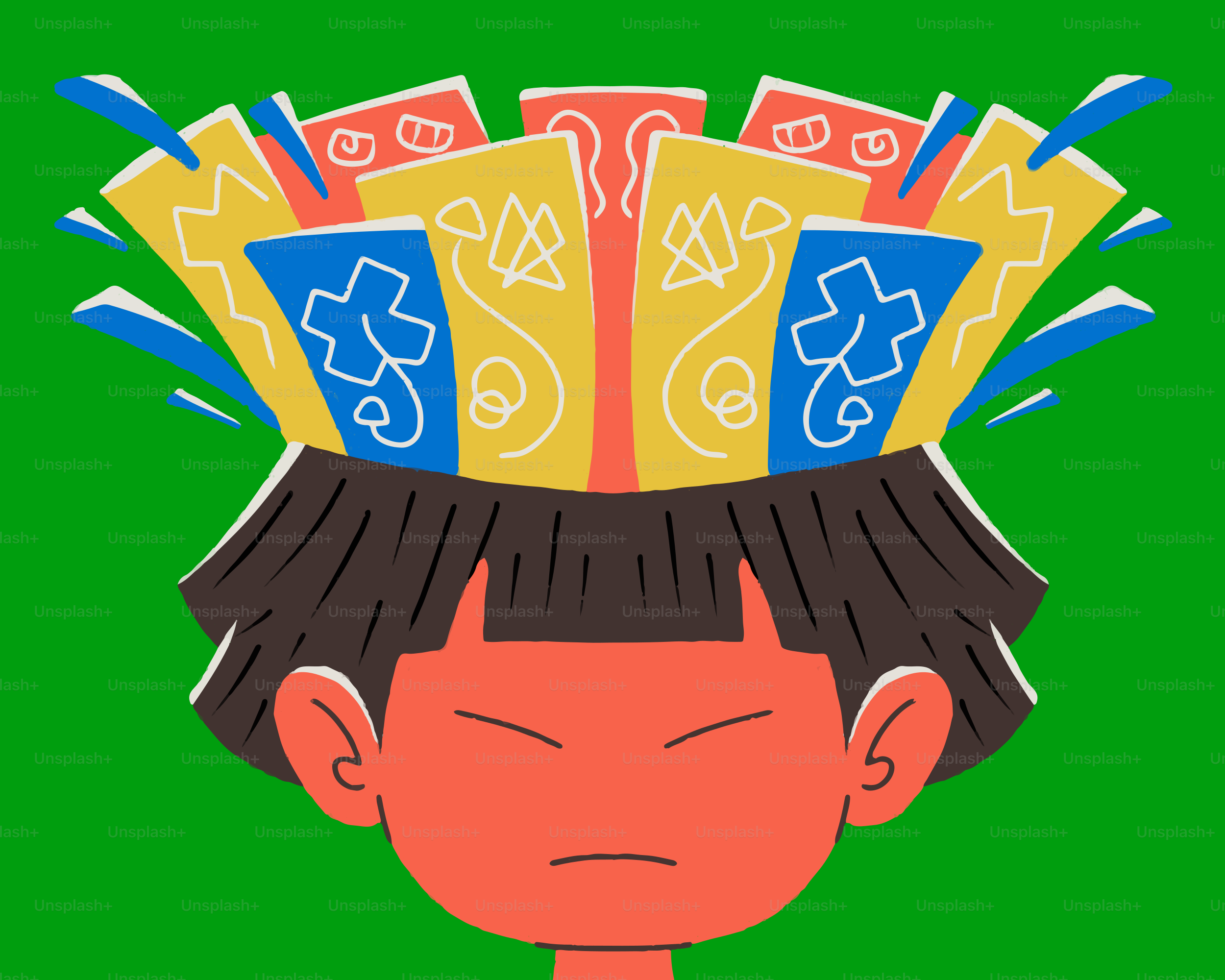 A child with cards coming out of their head.