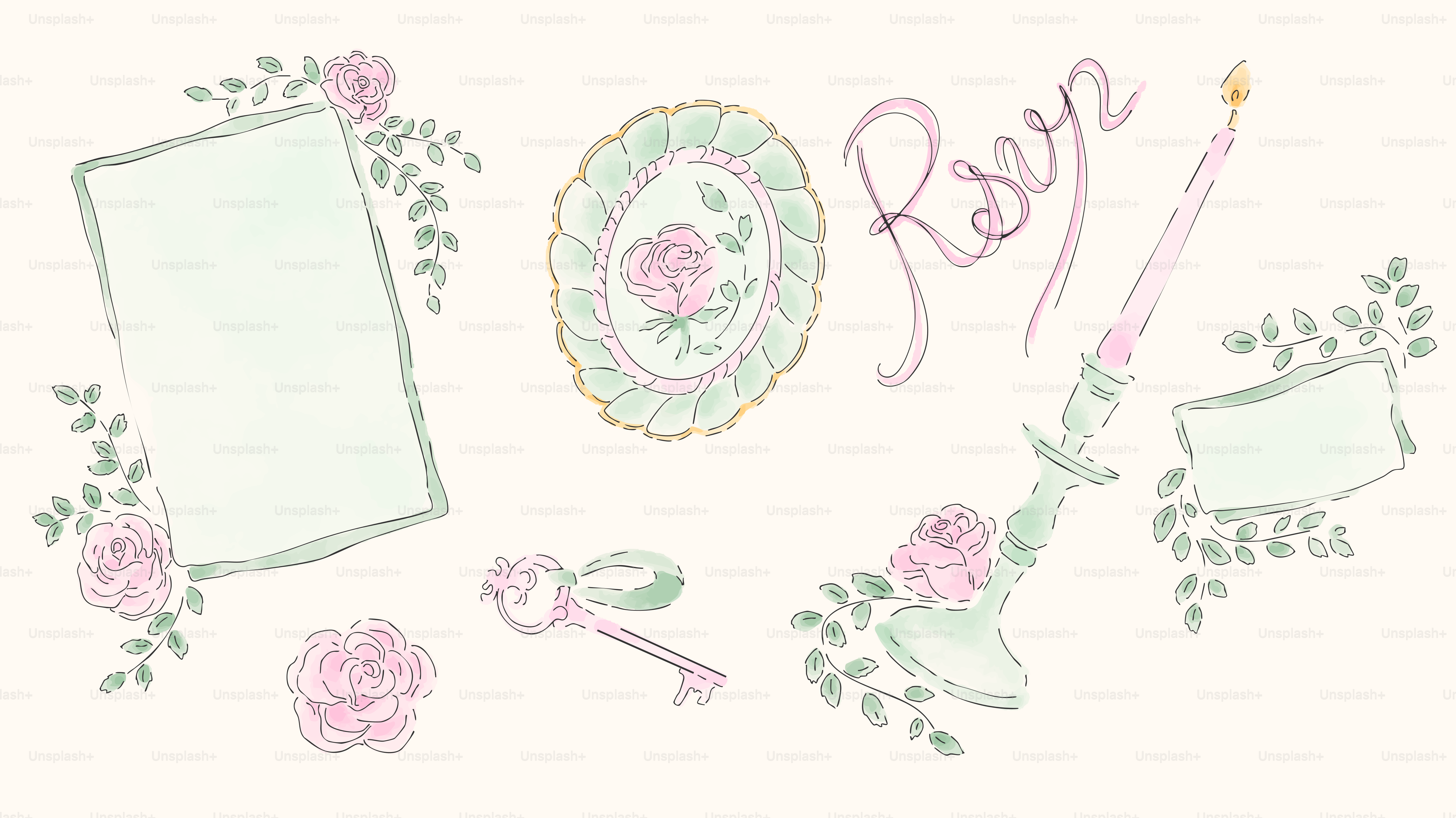 Floral and romantic wedding invitations and decorations.