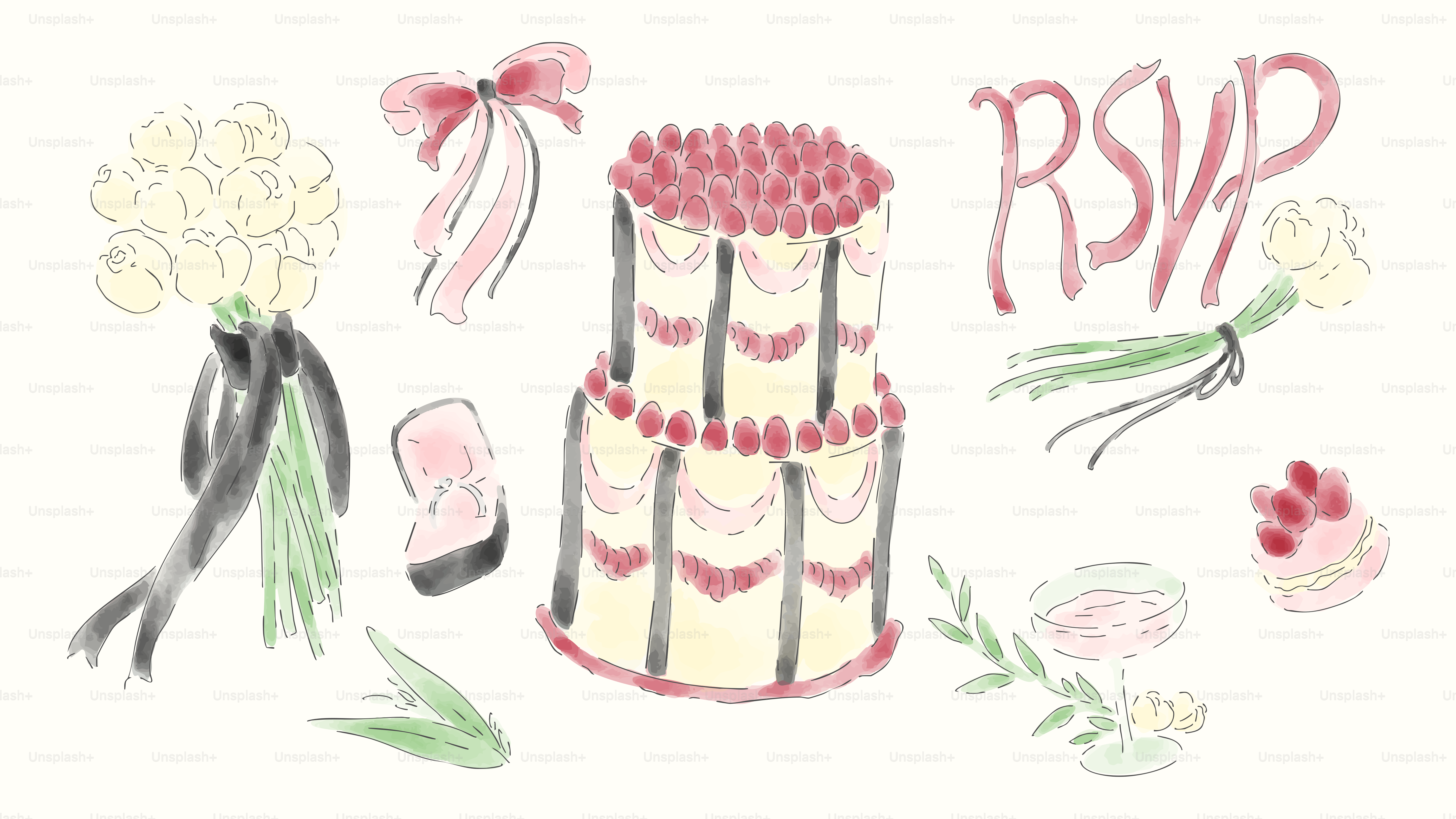 Las ilustraciones en acuarela representan elementos de boda.