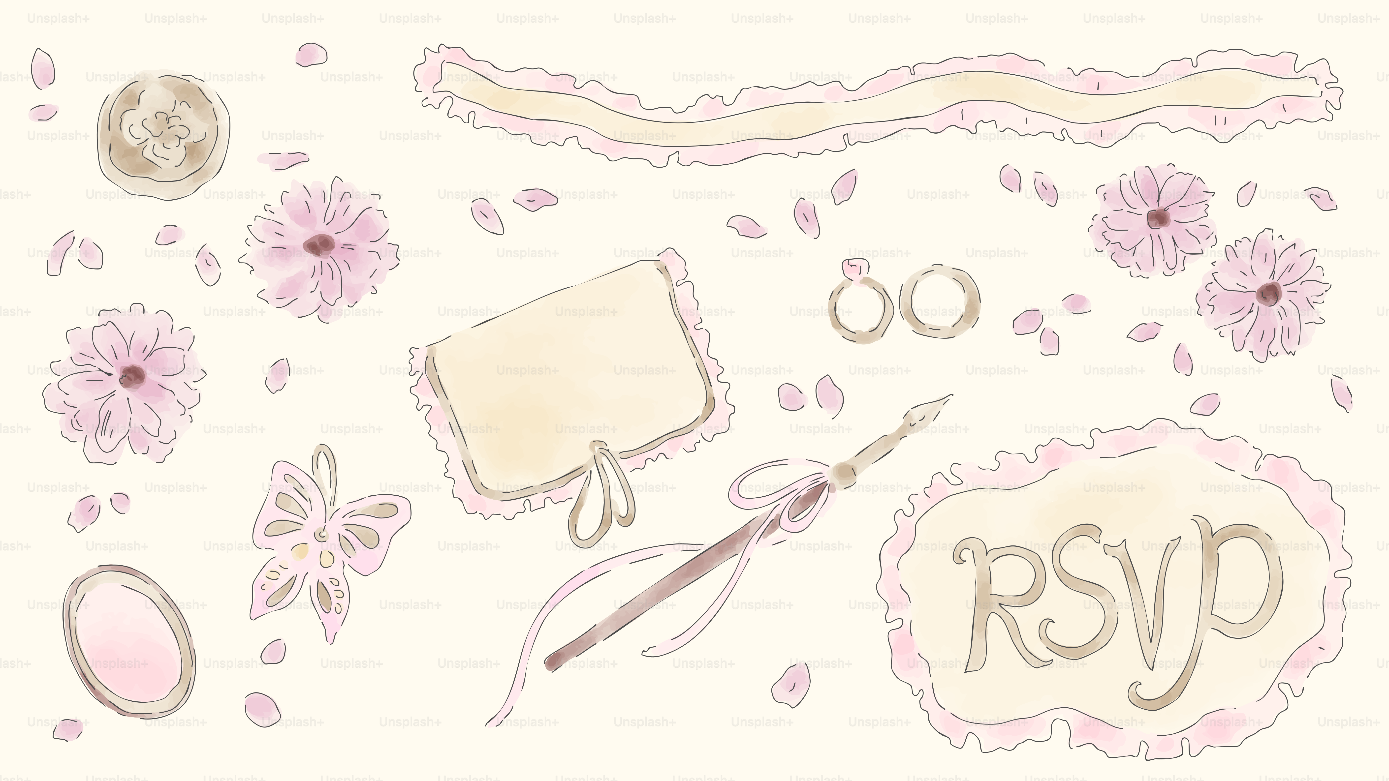 結婚式の招待状の要素、花やRSVPのリクエストなど。