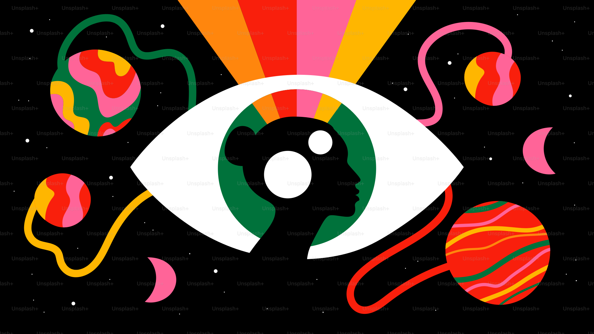 An eye with colorful planets and a silhouette.