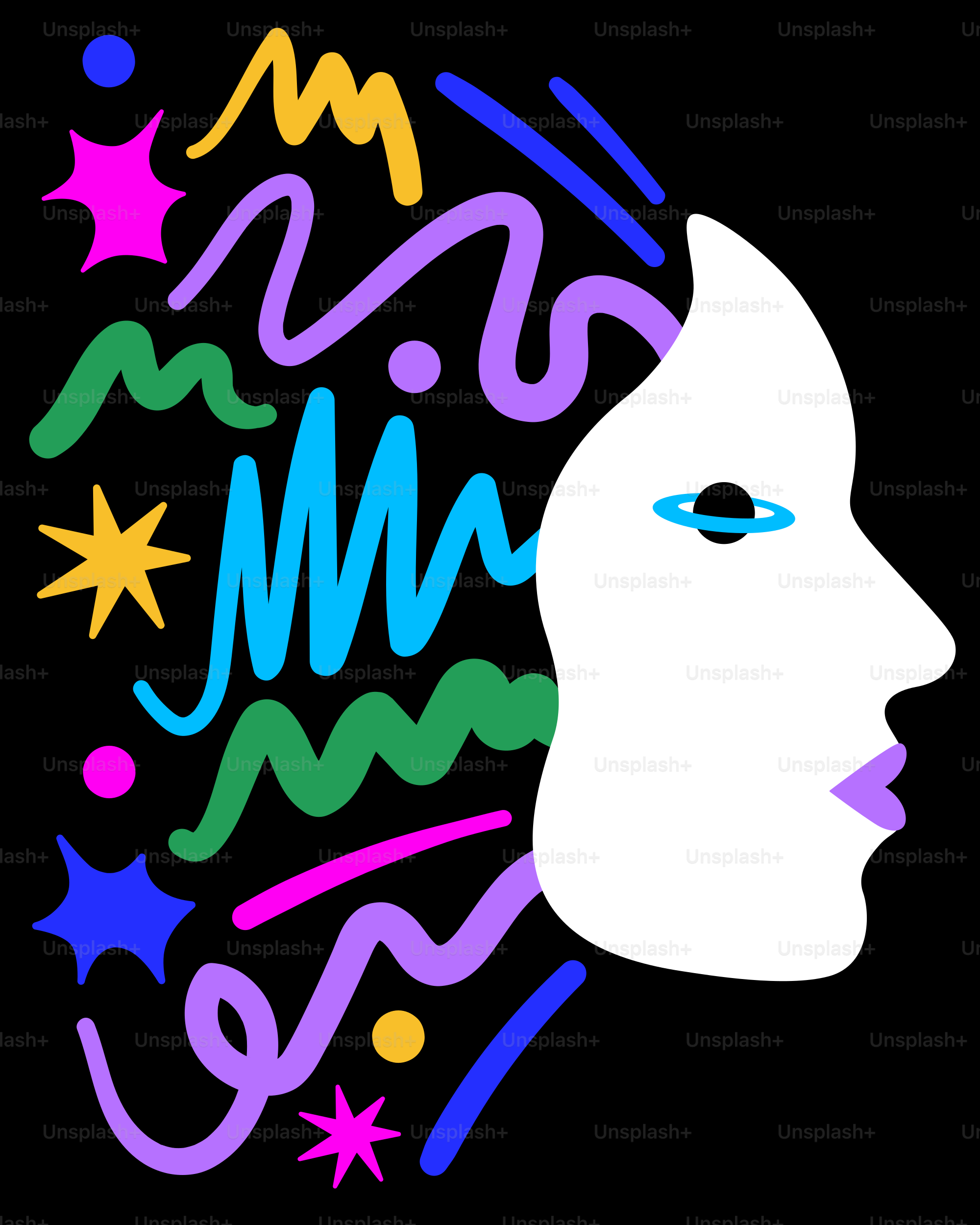 Ritratto astratto con linee e forme colorate.