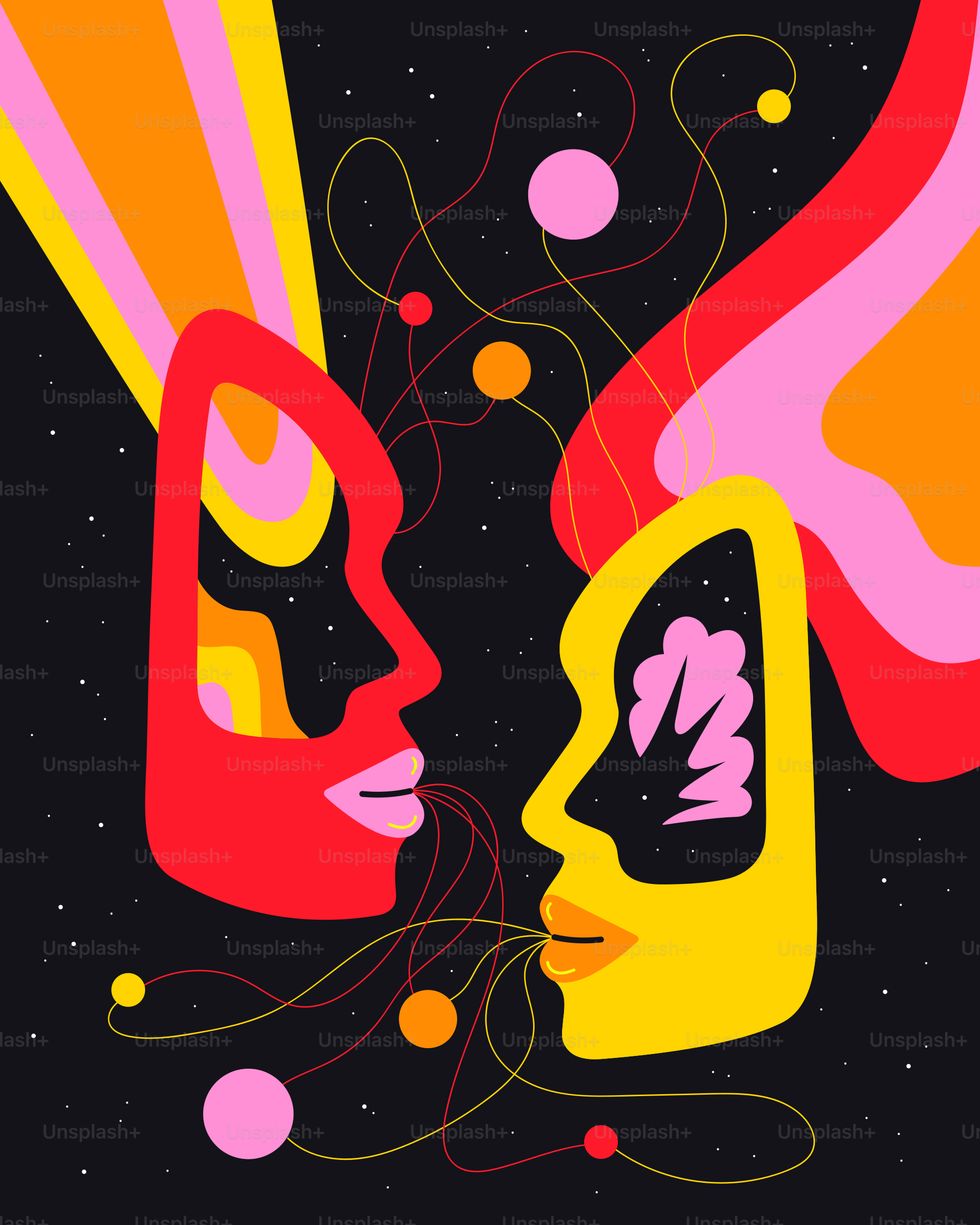 I volti si connettono, i pensieri scorrono in una scena cosmica.