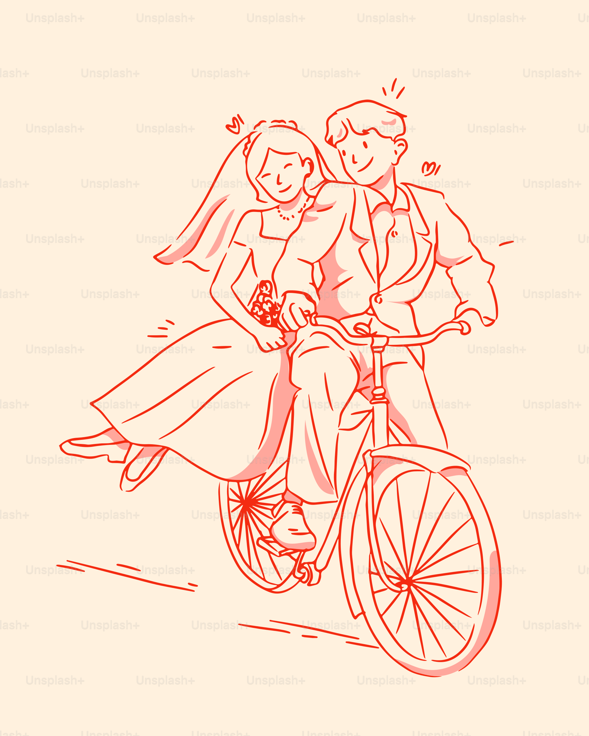 A newlywed couple rides a bicycle.