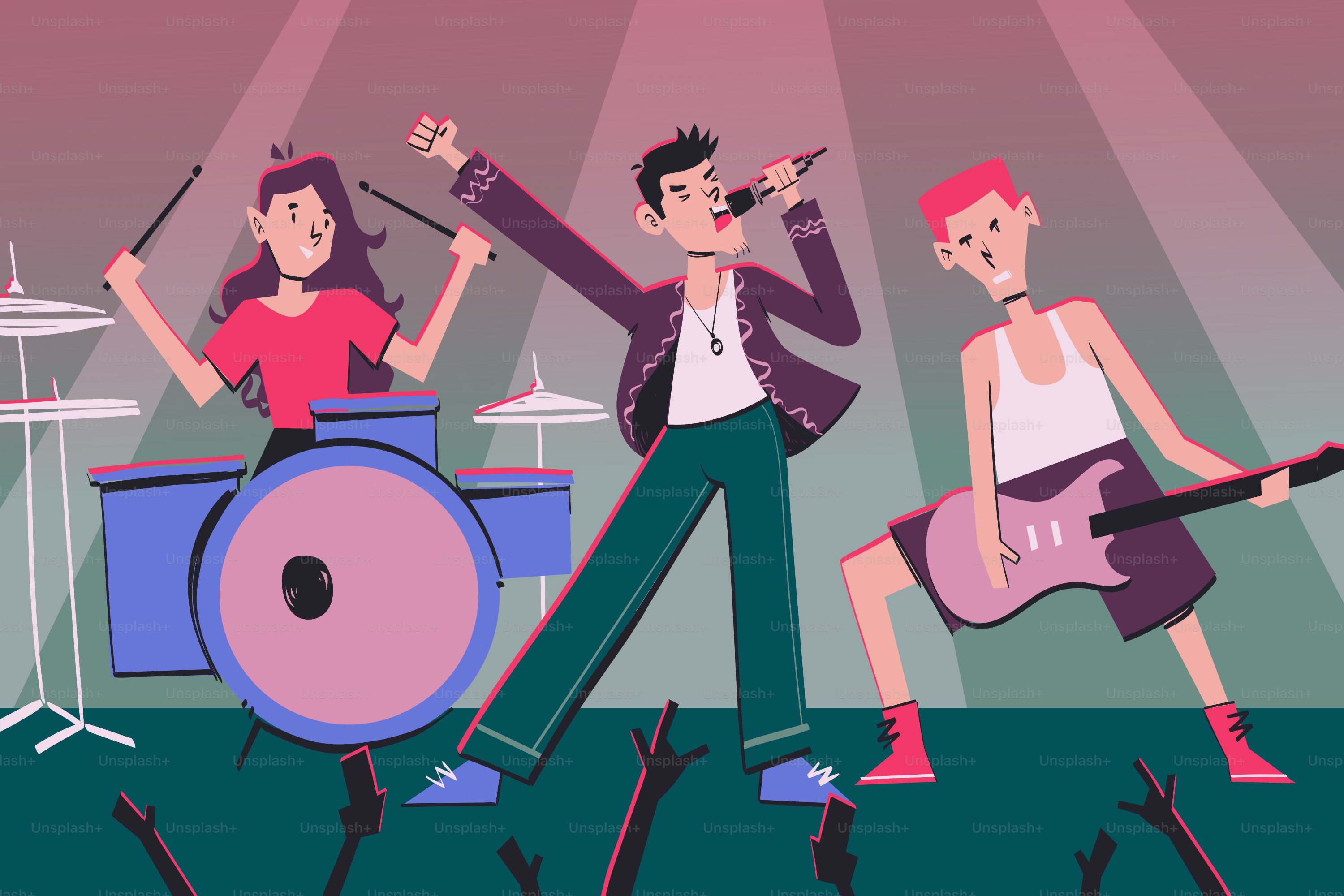 A rock band performs on stage with an audience.