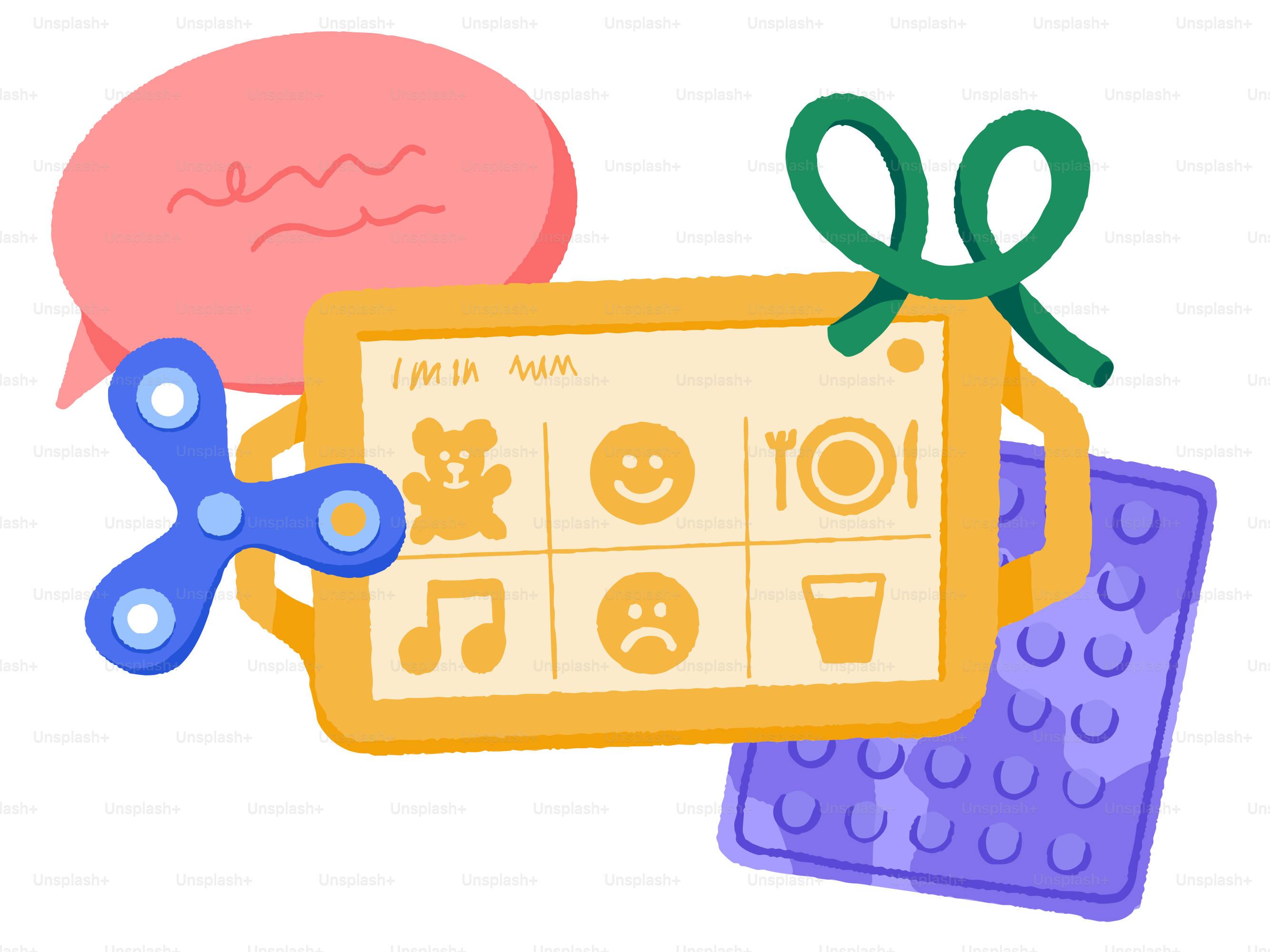 A tablet with icons, toys, and a speech bubble.