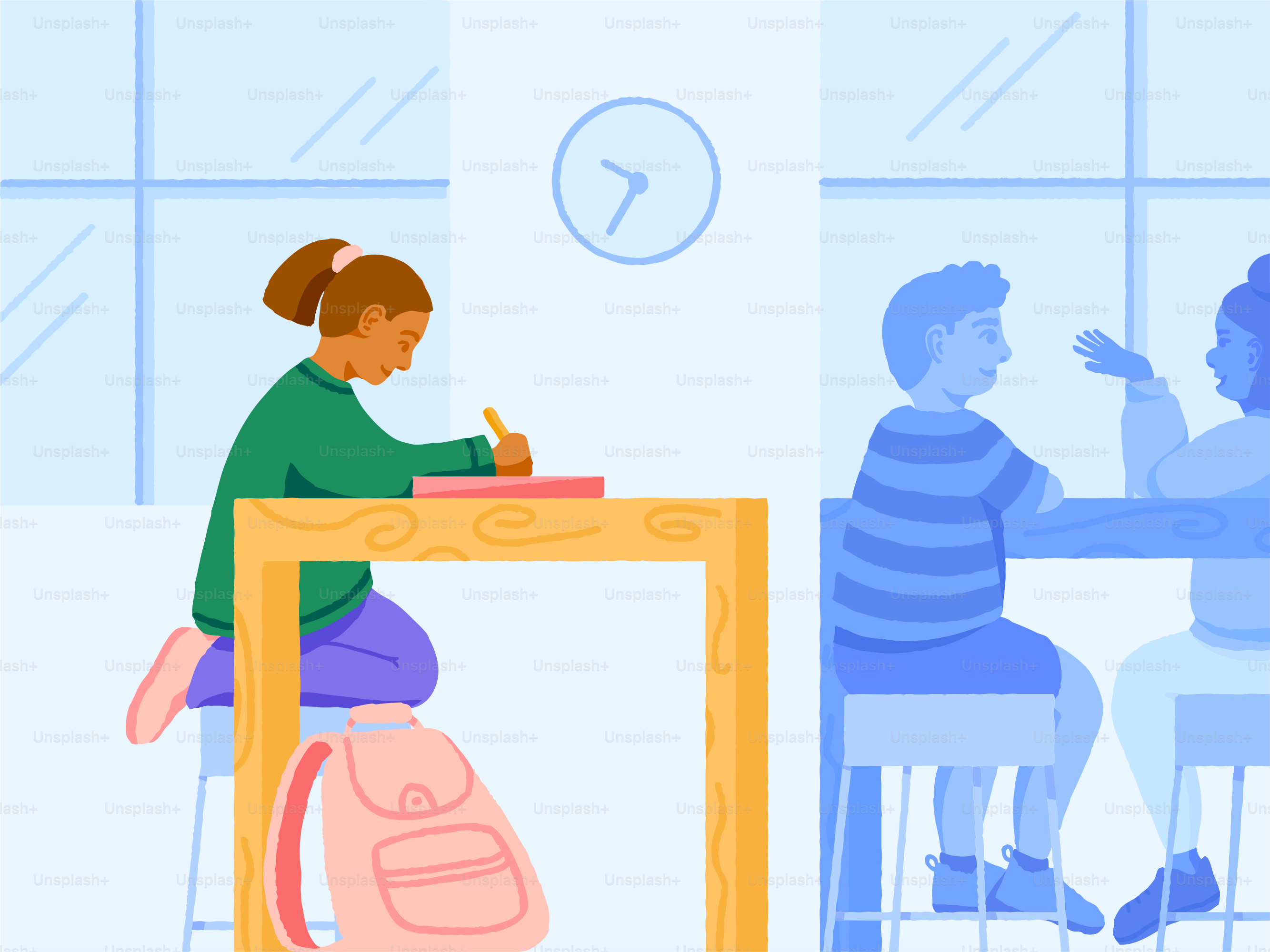 A student works while others chat in the background.