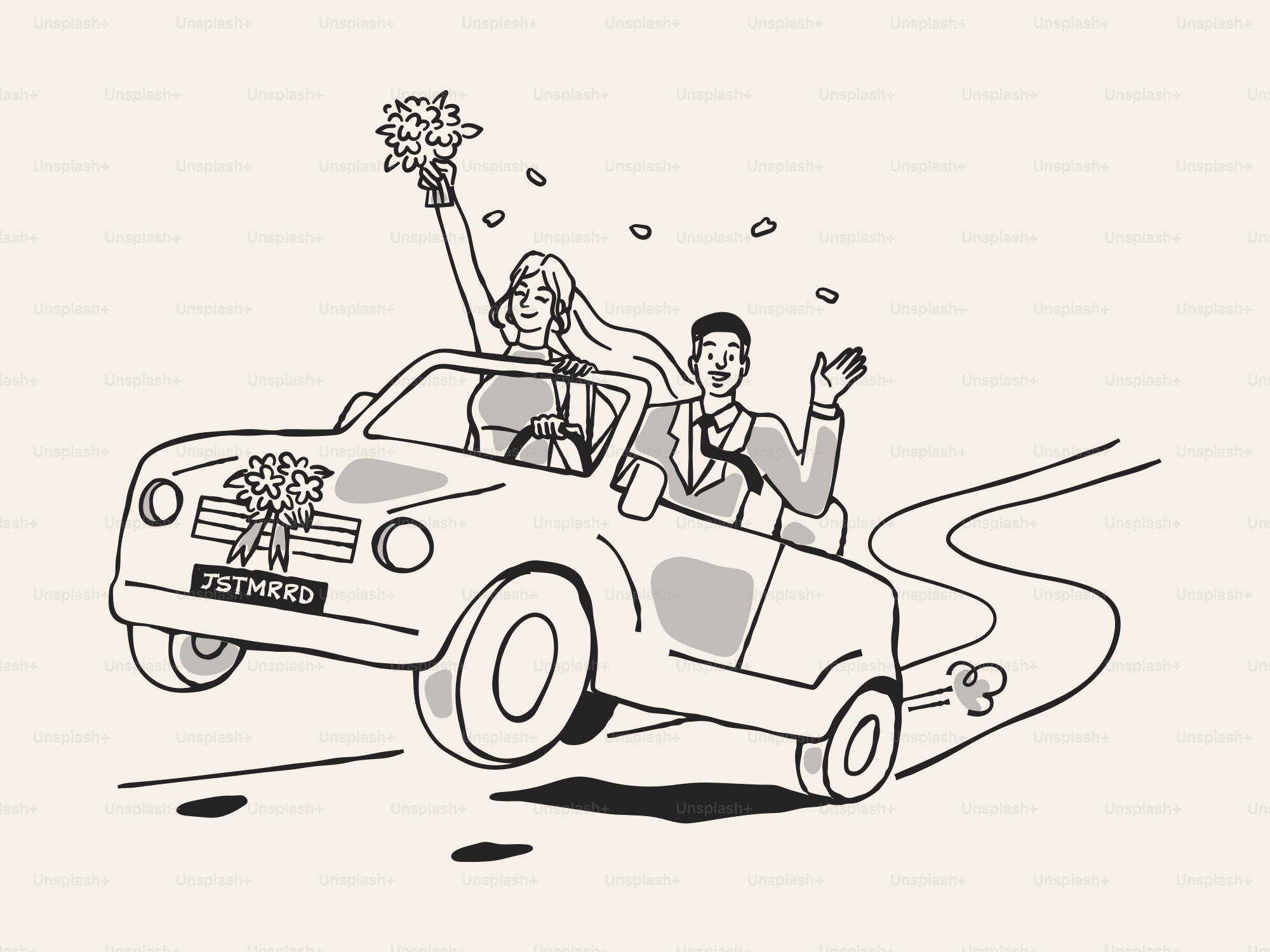 A newly married couple drives off in a car.