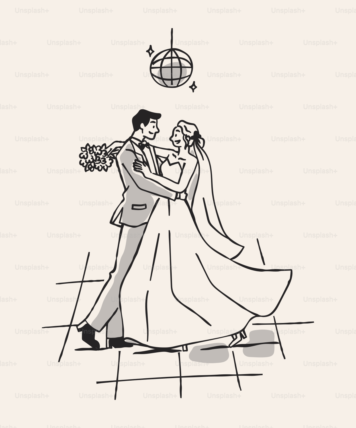 A newly married couple dances under a disco ball.