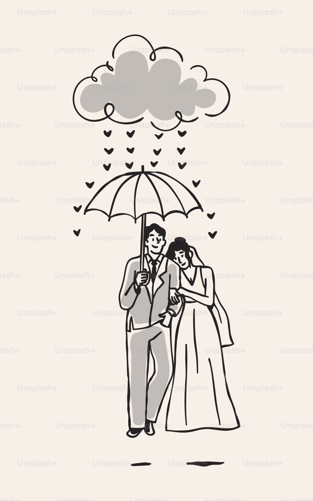 A newlywed couple under a love-heart umbrella.