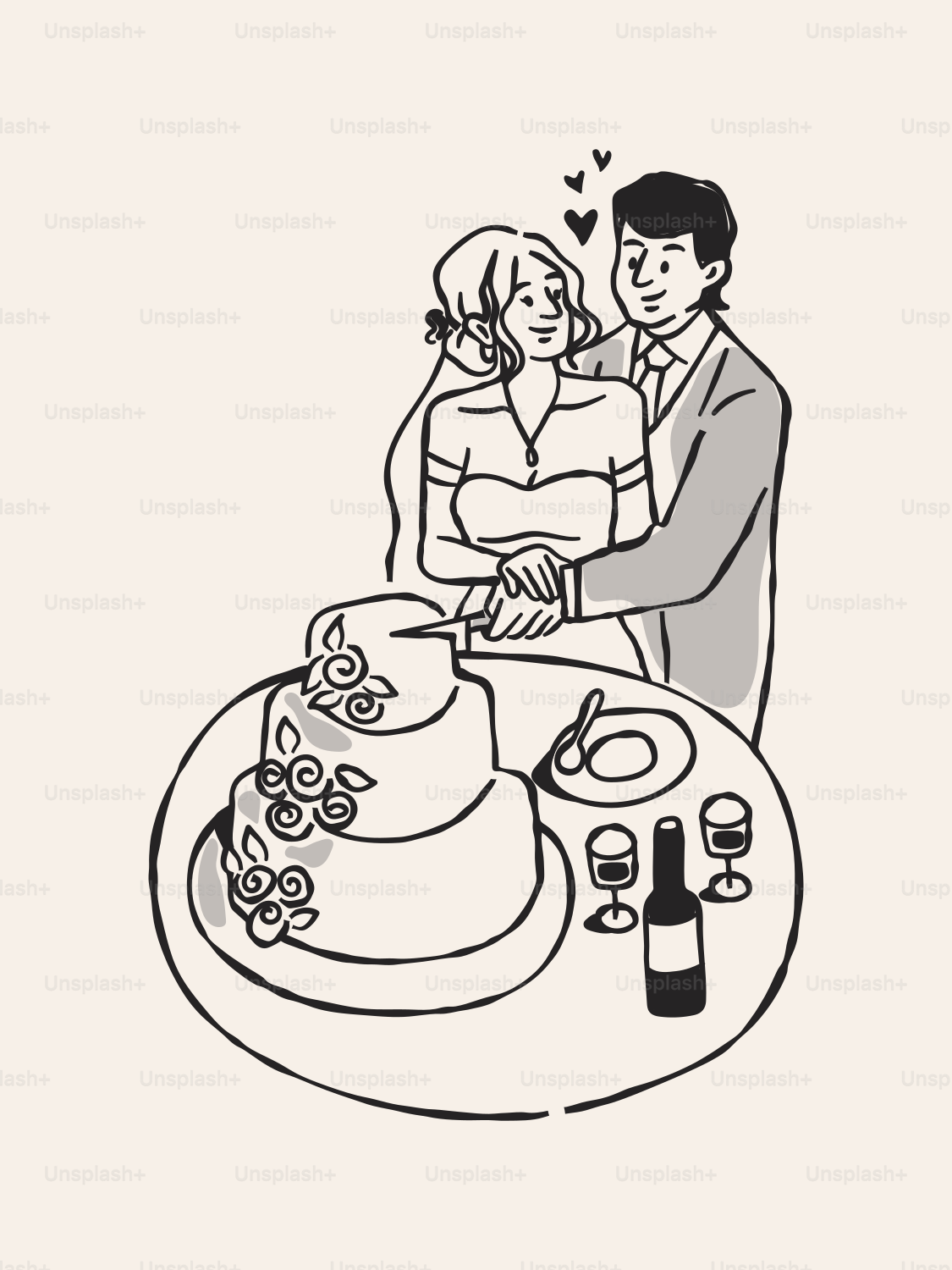 A newlywed couple cuts their wedding cake.