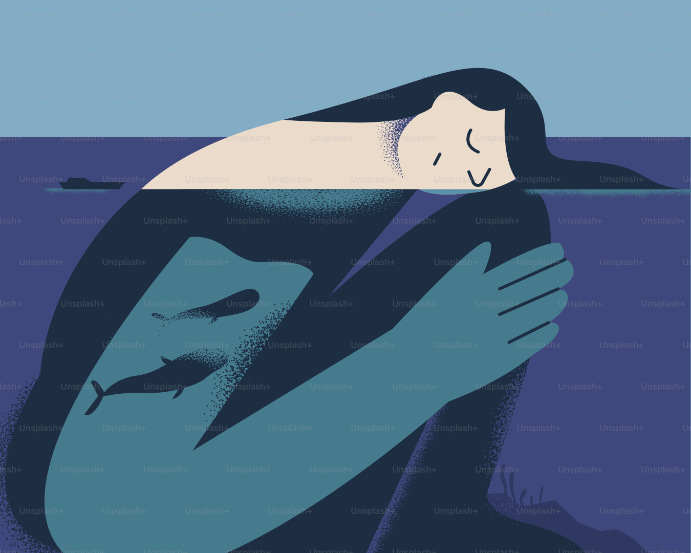 Une personne est immergée dans l’eau avec des baleines.