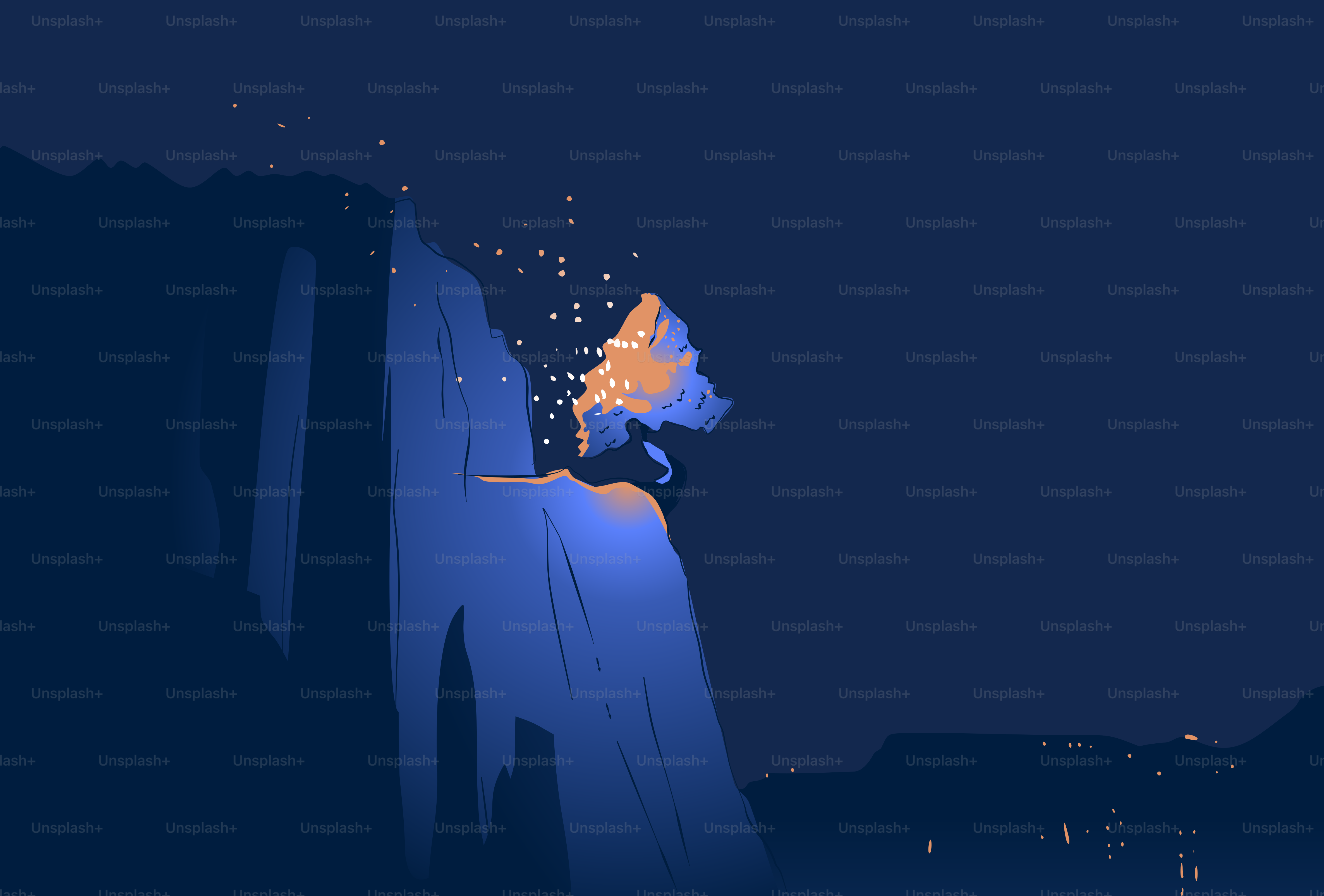 Lanterns rise above cliffs at night.