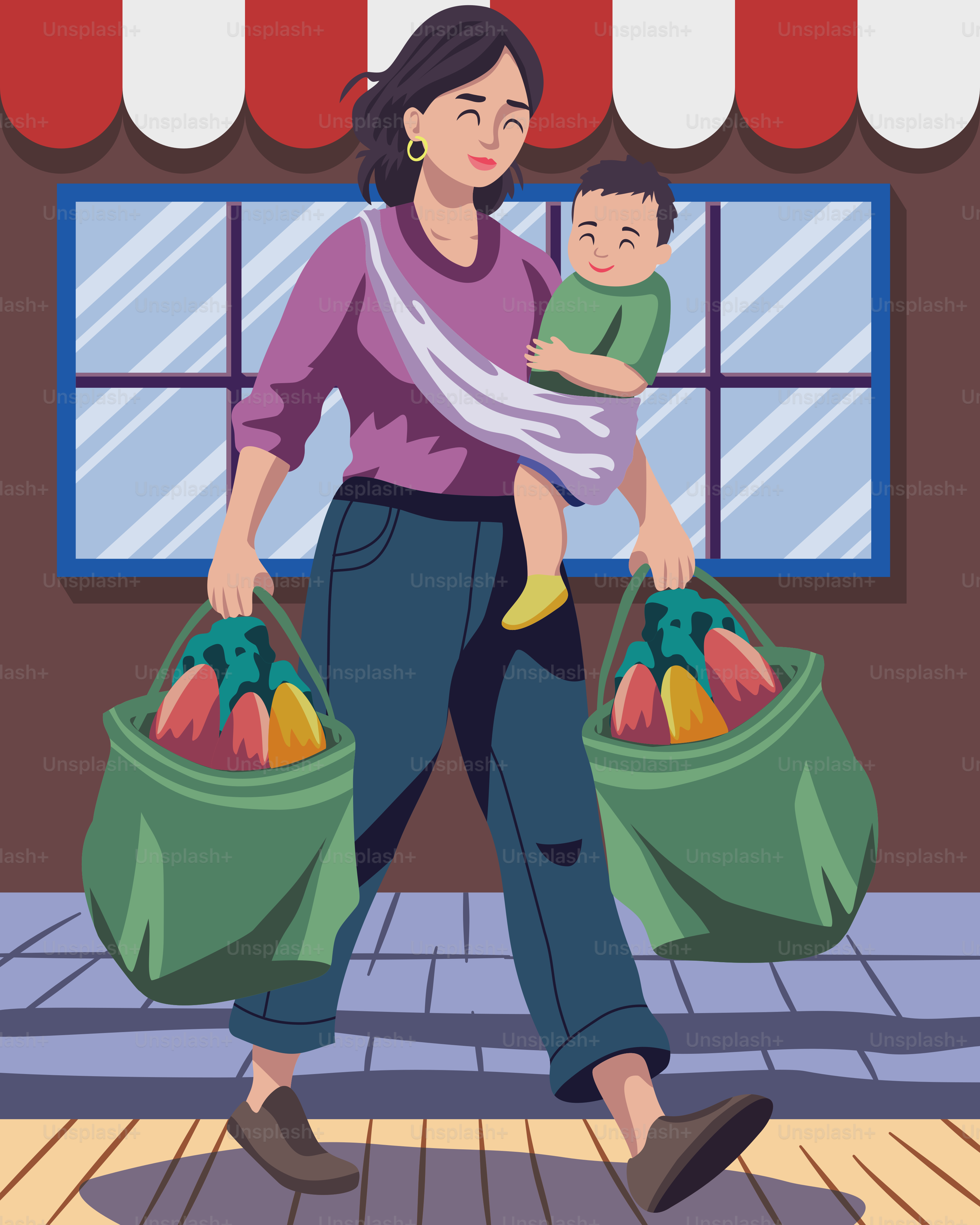 A mother carries groceries and her child.