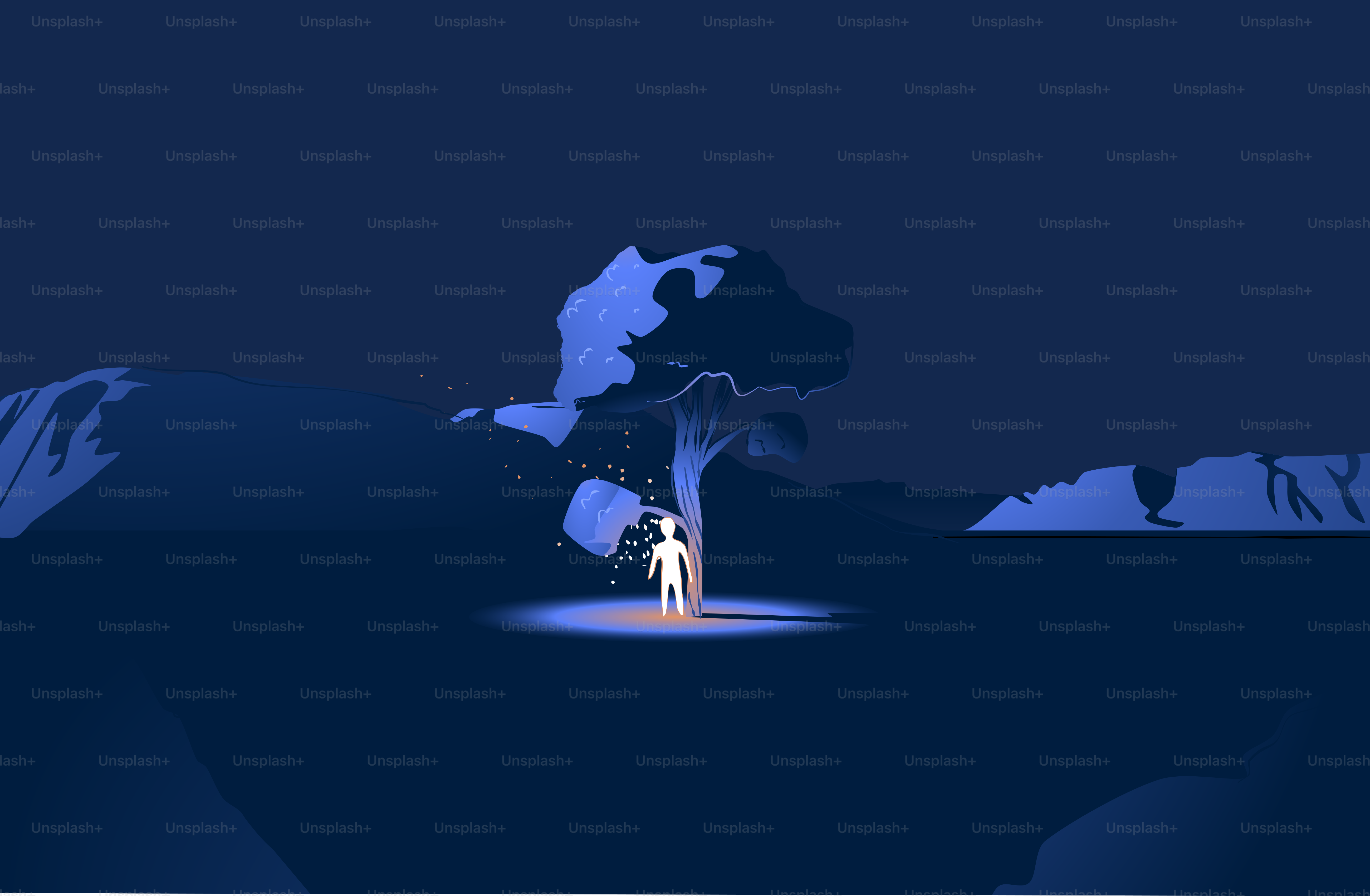 A person stands under a mystical tree at night.