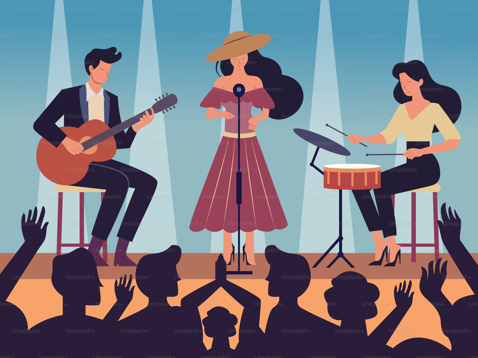 A band performs on stage for an appreciative crowd.