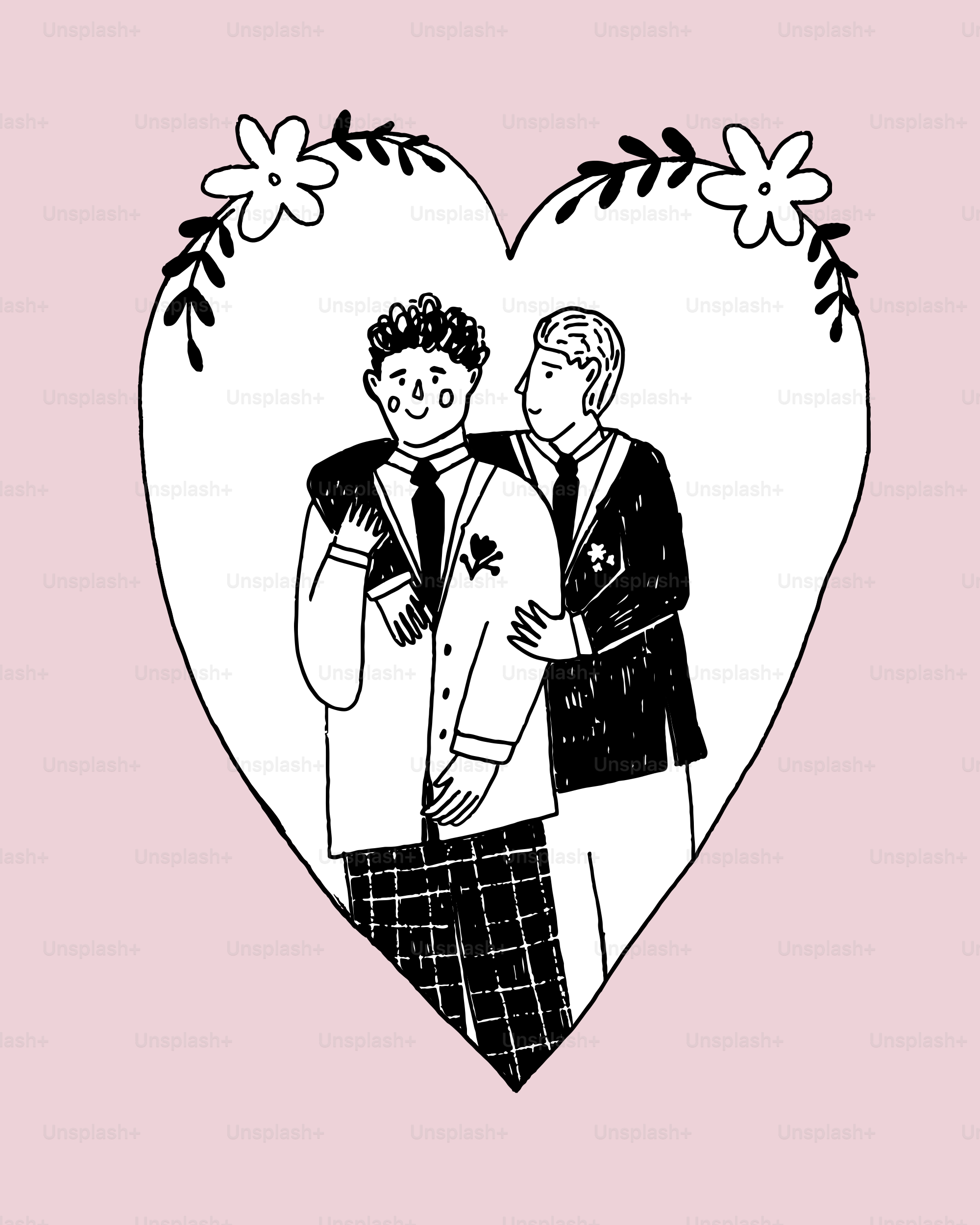 Two men embrace inside a heart.