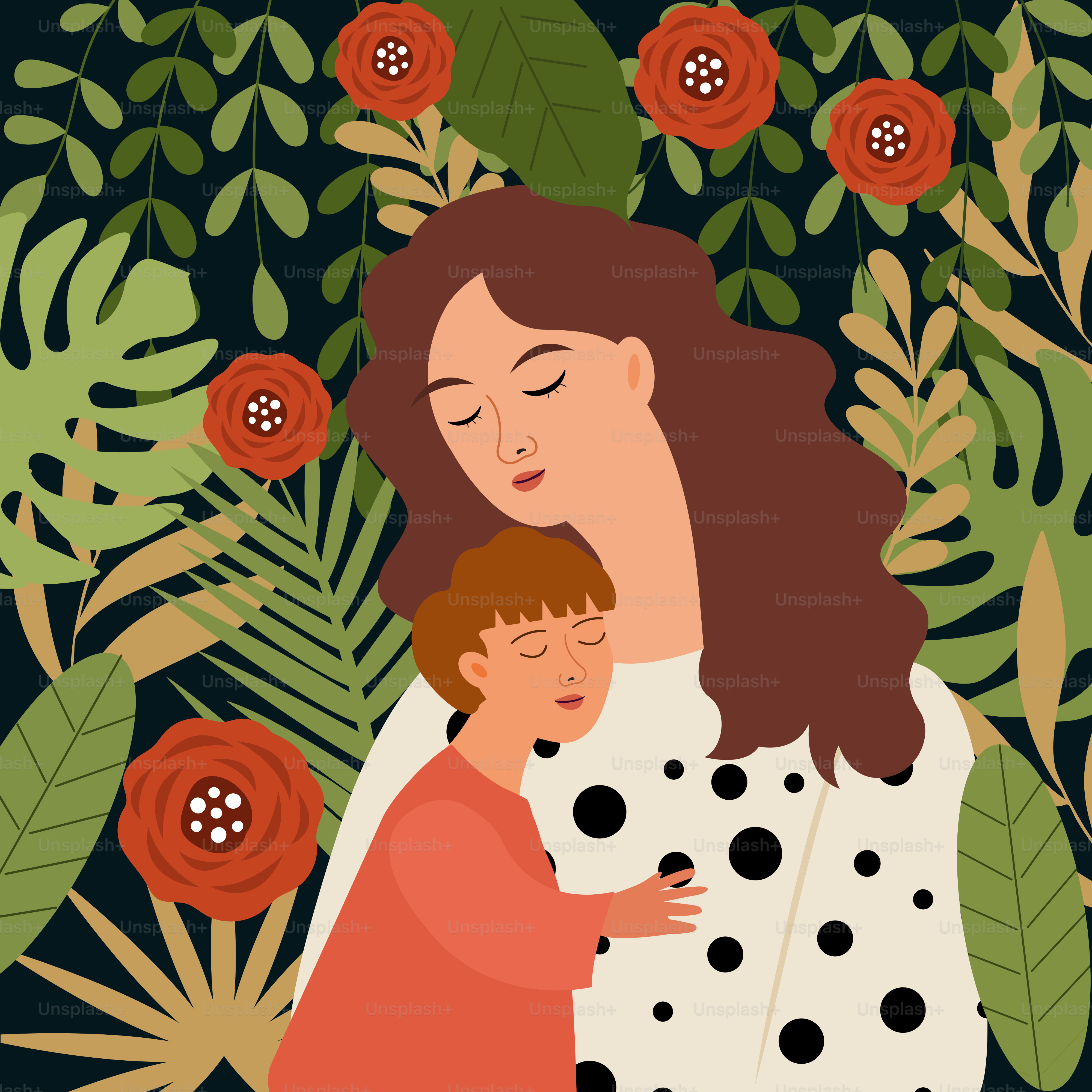 Mother and child embrace among the flowers.