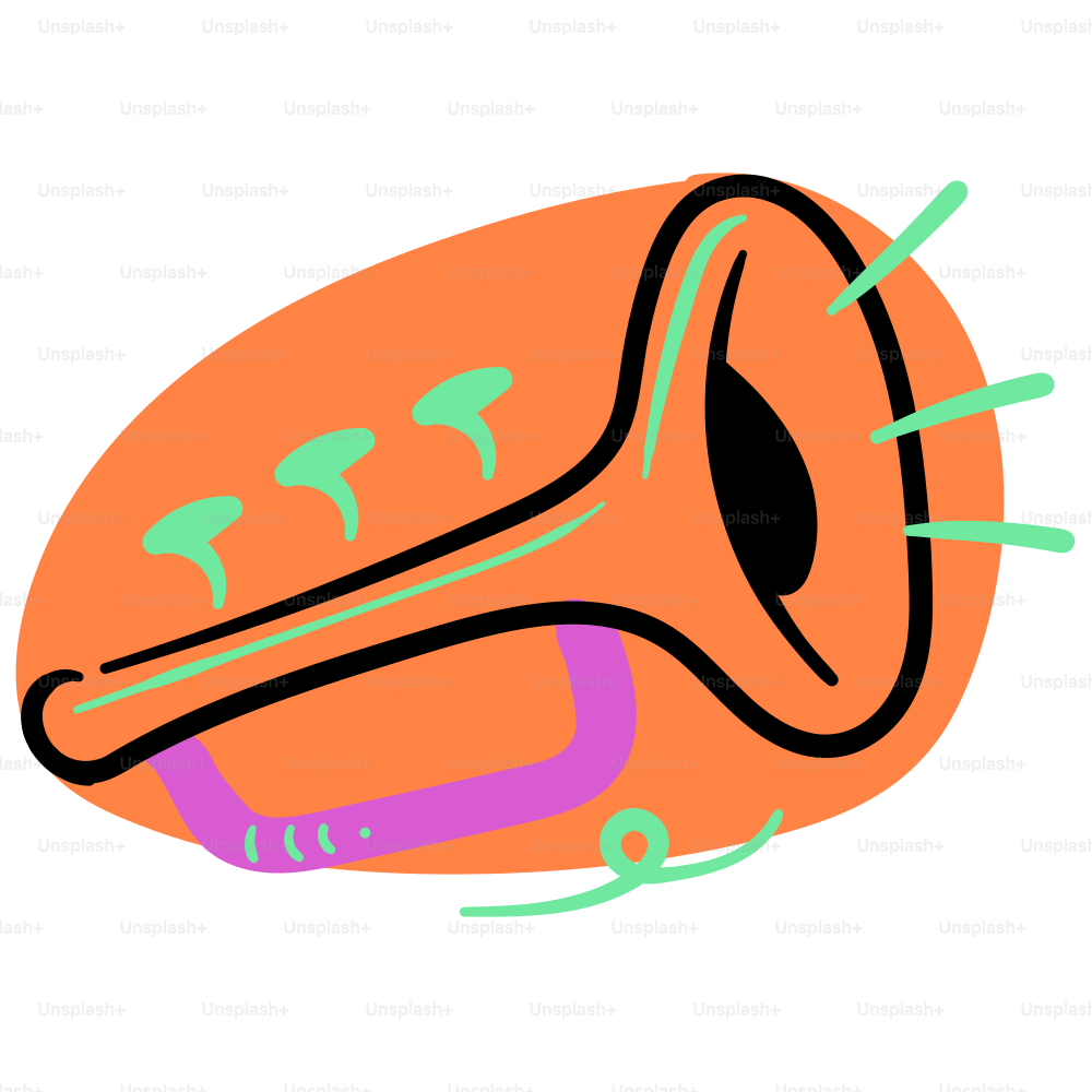 Une illustration de trompette orange avec des accents verts et une section de pistons violette