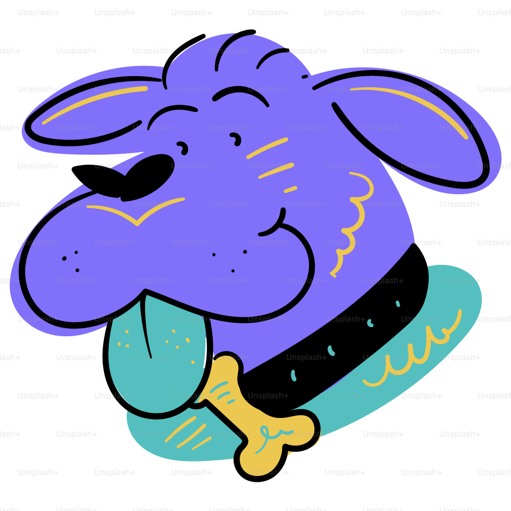 Happy purple dog with a bone-shaped tag.