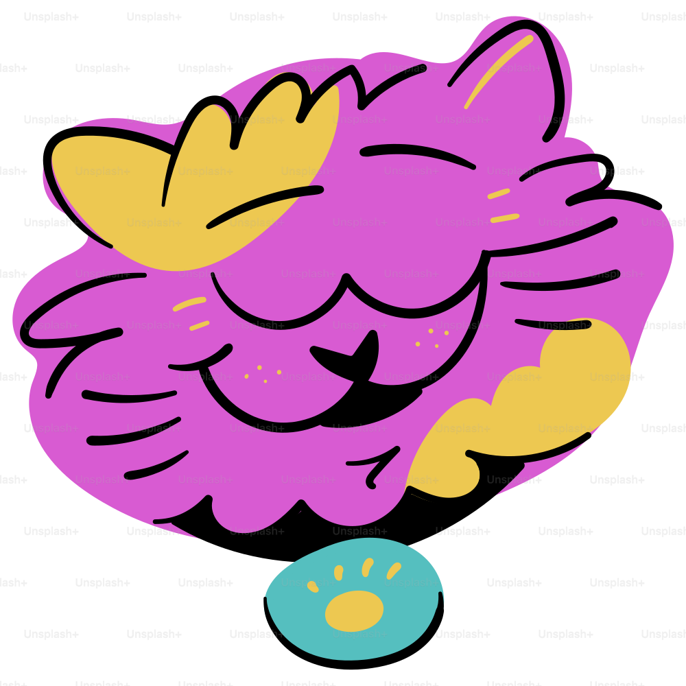 A happy cartoon cat with a paw print collar.