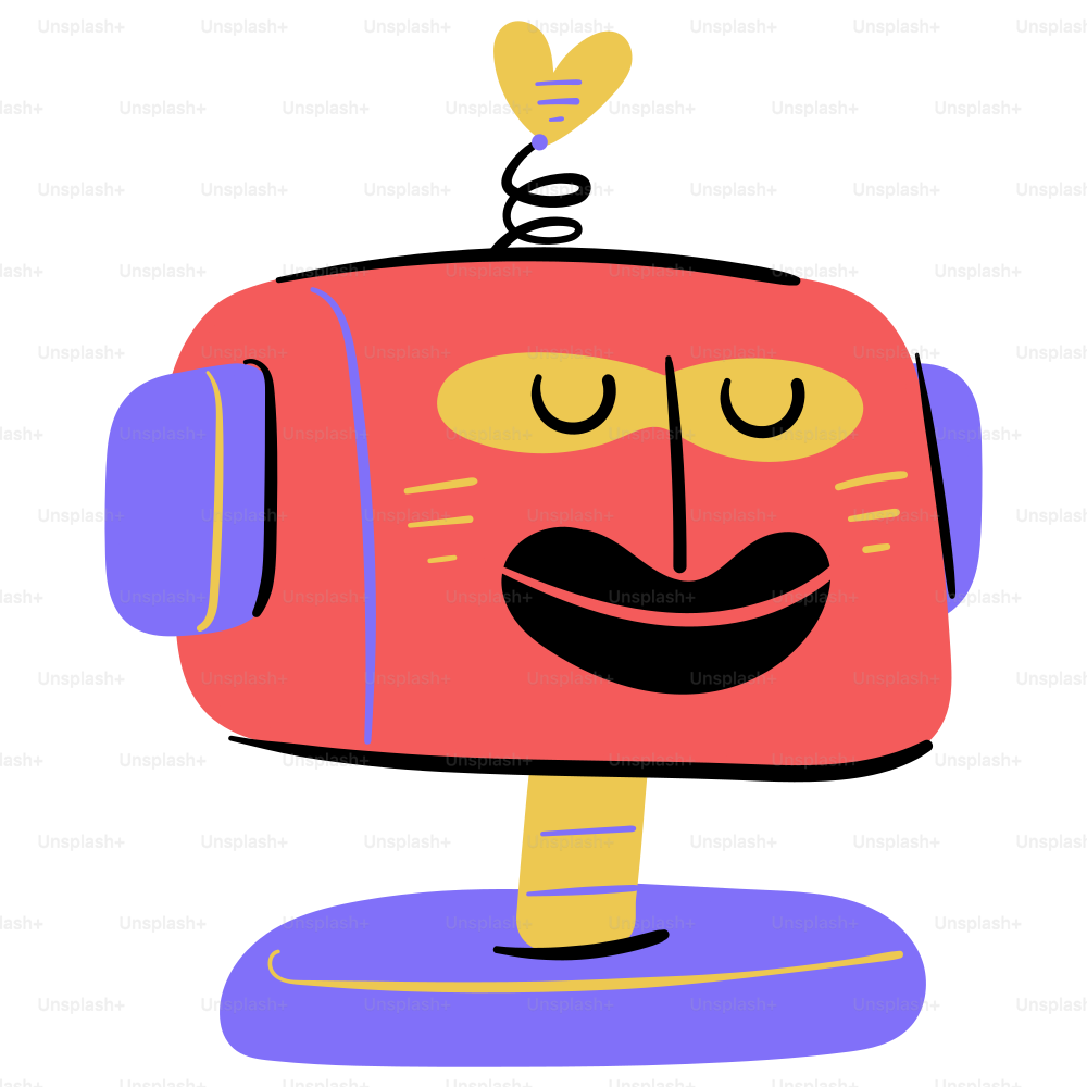 A cheerful robot with a heart antenna.