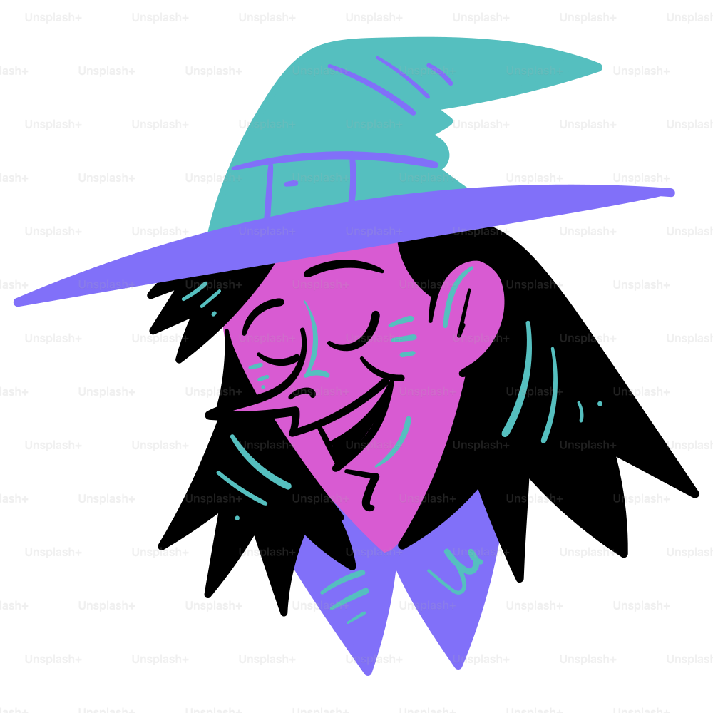 A smiling witch with long, black hair.