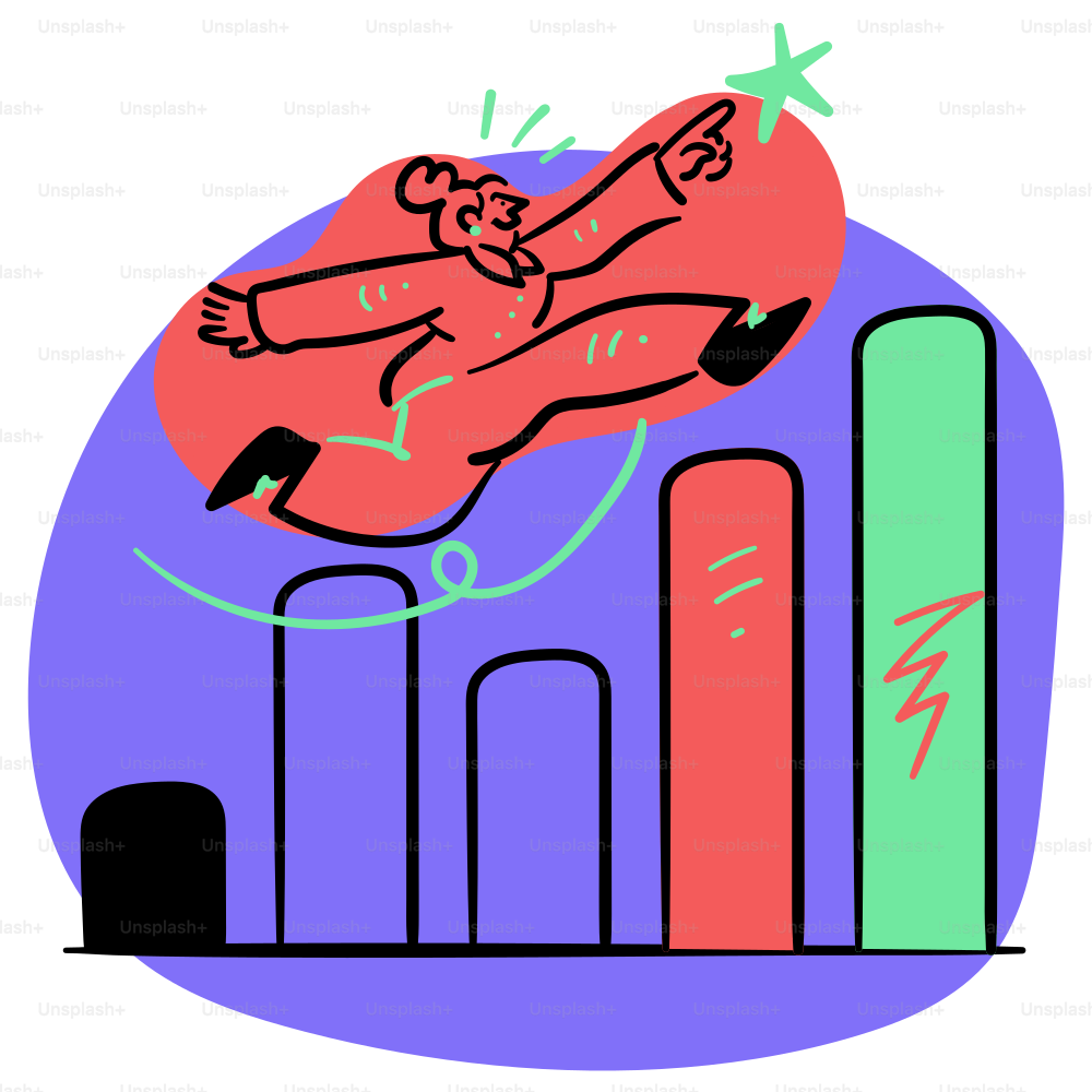 Reaching for success above a growing bar graph.