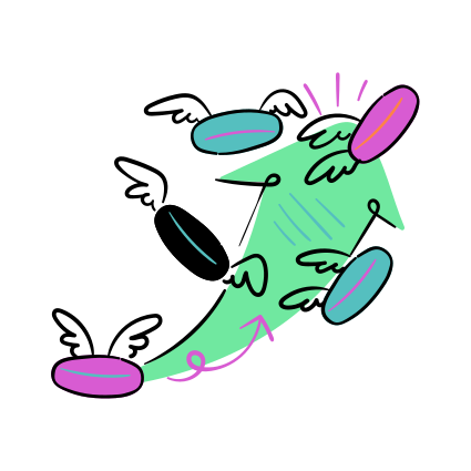 Flying capsules ascend a green arrow.