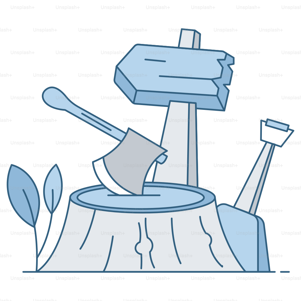 An axe sits on a tree stump with a sign.