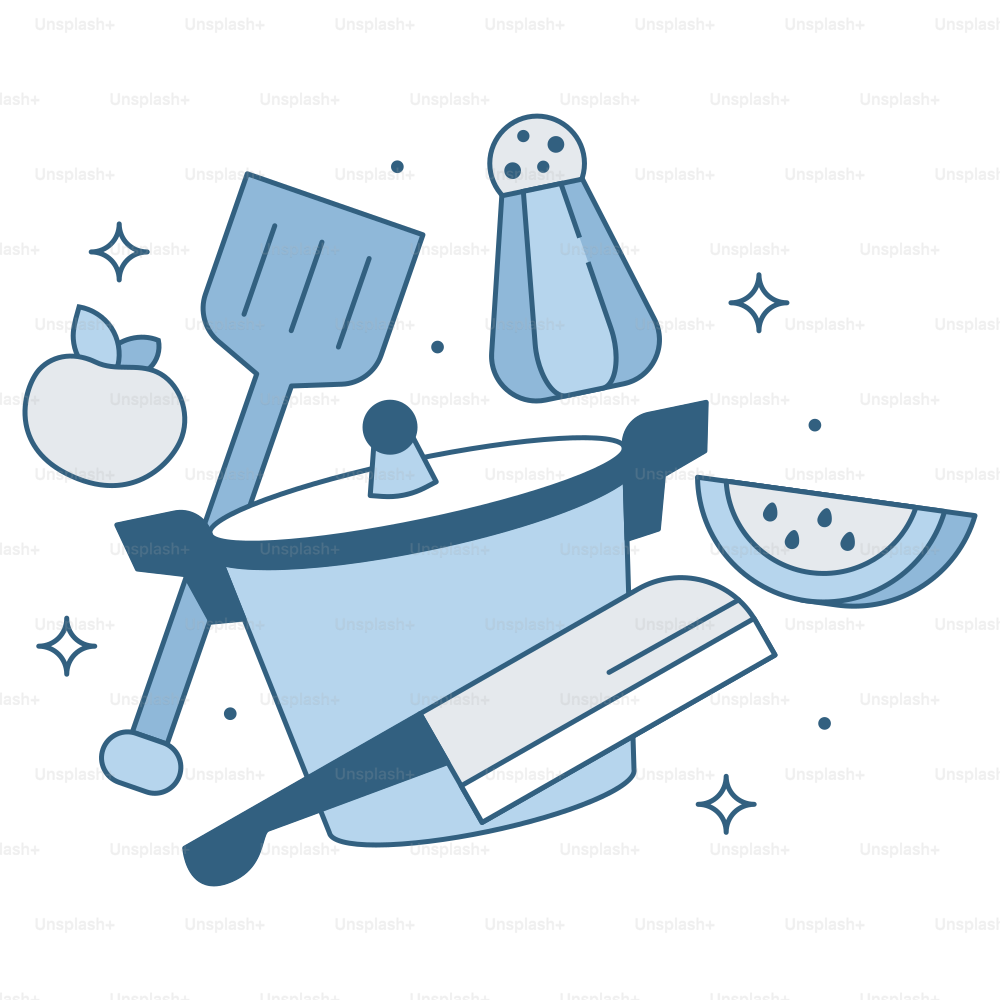 Equipamentos de cozinha e ícones de alimentos são mostrados aqui.