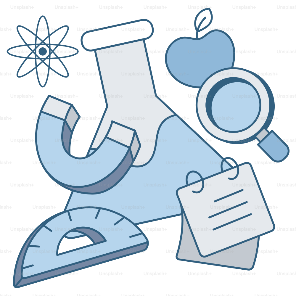 Ilustrações com tema científico, incluindo um cantil e uma maçã
