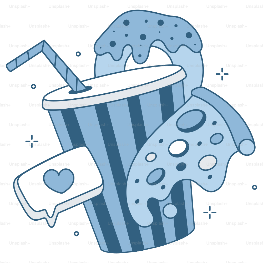 Pizza, soda, donut, and a love icon.