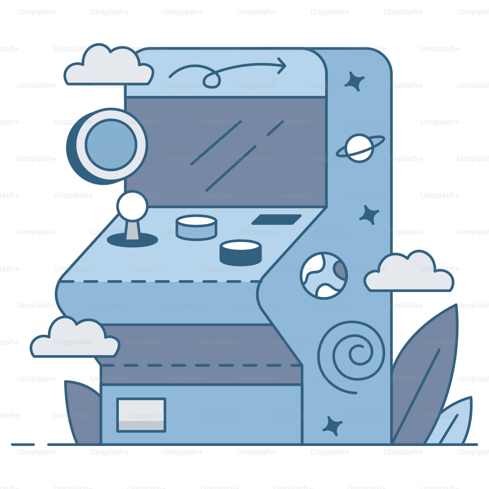 Uma máquina de fliperama azul e fantasiosa com decorações divertidas