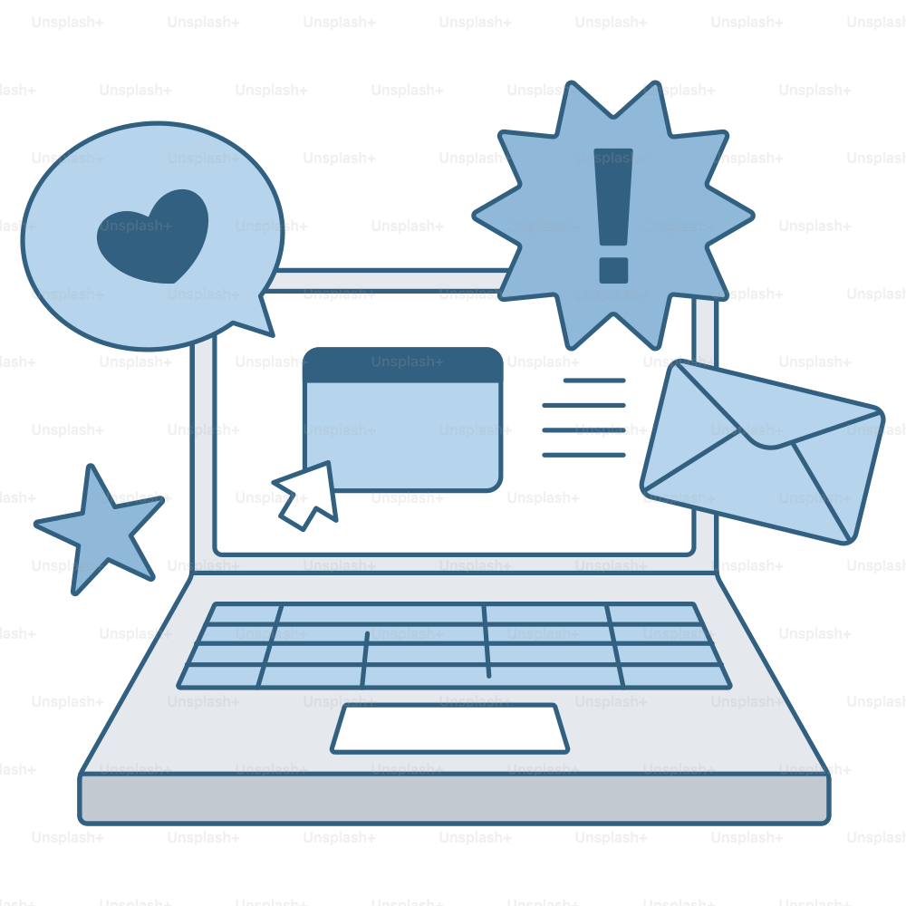 A laptop shows notifications, like, and mail.