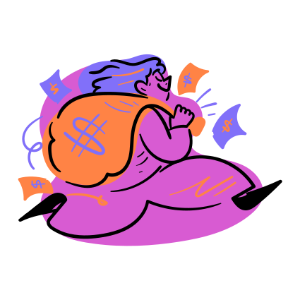 Someone happily runs with a bag of money.