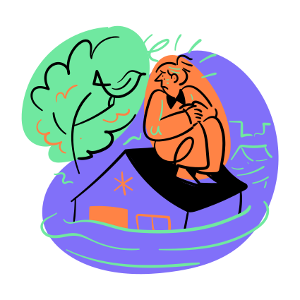 A person sits on a flooded rooftop.