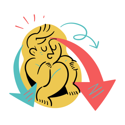 A person feeling stressed, surrounded by arrows.