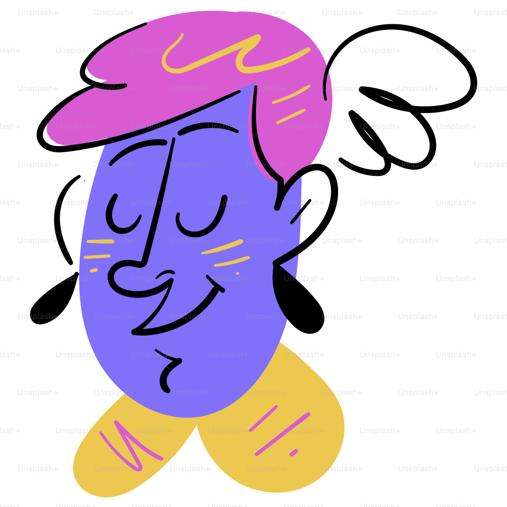 A smiling, abstract character with closed eyes.